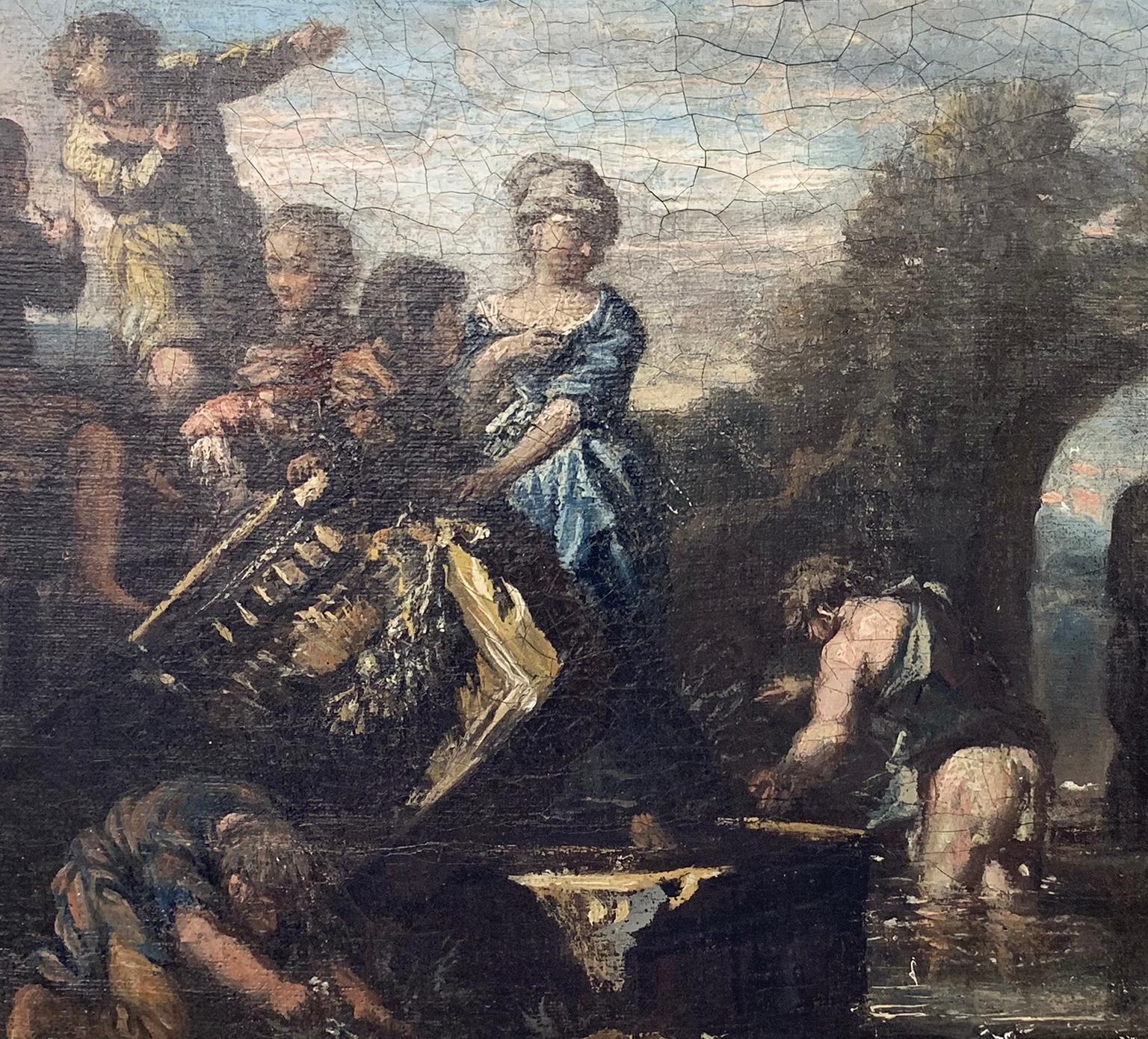 Venetian Capriccio with figures adorning a fountain - Venetian School Circa 1740 - Old Masters Painting by Unknown