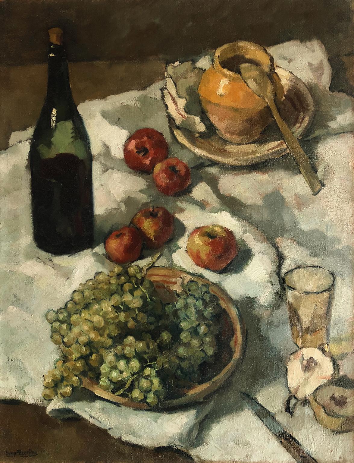 Ivan Marie L. Escribe Still-Life Painting - Still Life with Fruit, Wine and Honey - French Post Impressionist Still Life 