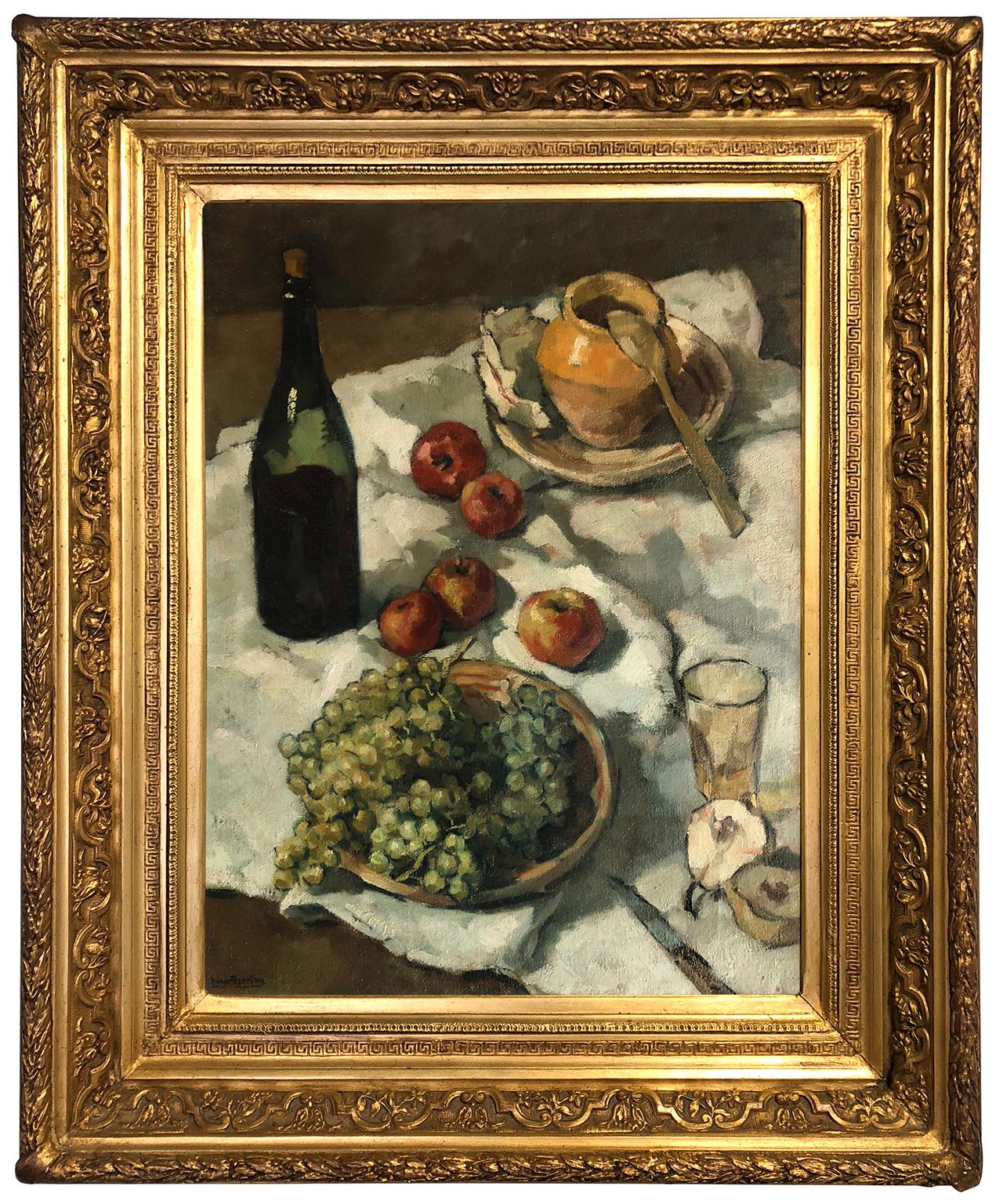 Still Life with Fruit, Wine and Honey - French Post Impressionist Still Life  - Painting by Ivan Marie L. Escribe