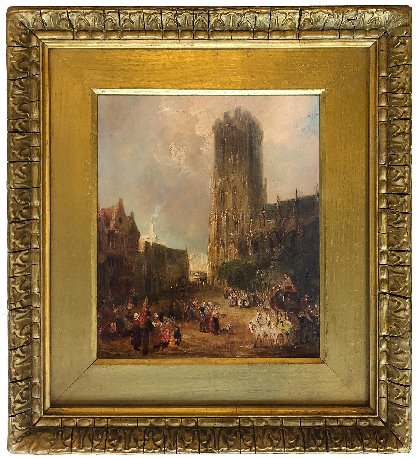 Cathedral of Notre Dame and Market Place at Caudebec-en-Caux - Painting by Circle of Richard Parkes Bonington