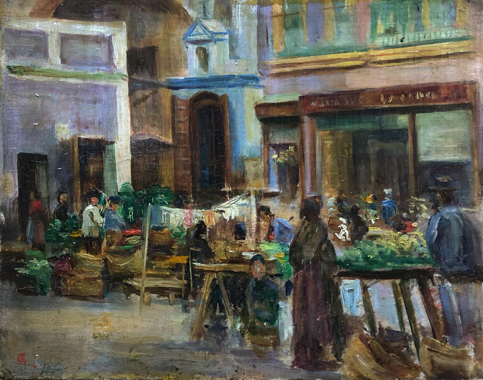 This is a lovely impressionist painting by Edgar Seligman dated 6 (1906) and monogramed E.S. Handwritten label verso reads: (A Market, Sevilla. Edgar Seligman, 29 Hyde Park Gate SW). Seligman lived directly opposite Sir Winston Churchill who lived