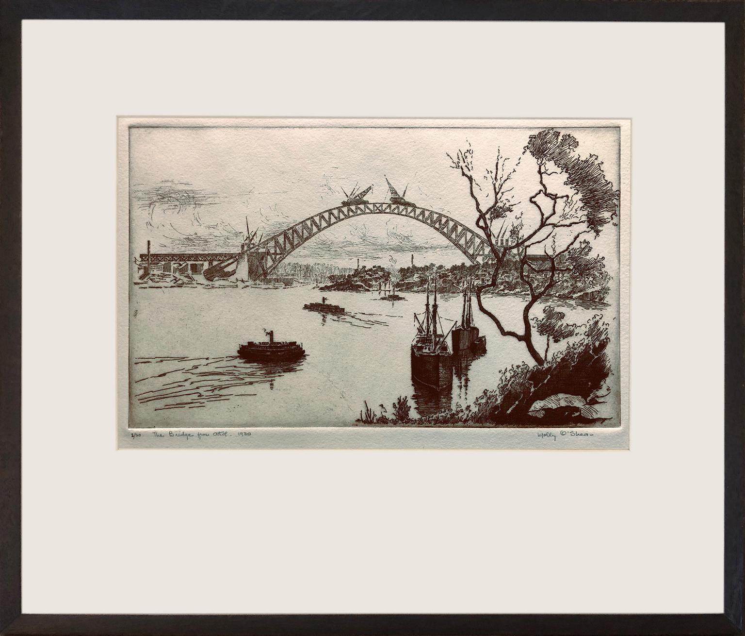 This is a rare etching, No.2 of an edition of 20 by Australian artist Molly O'Shea of the Sydney Harbour Bridge during construction in 1930. The bridge was completed and officially opened in 1932.

Although she was born in Melbourne, most of Molly