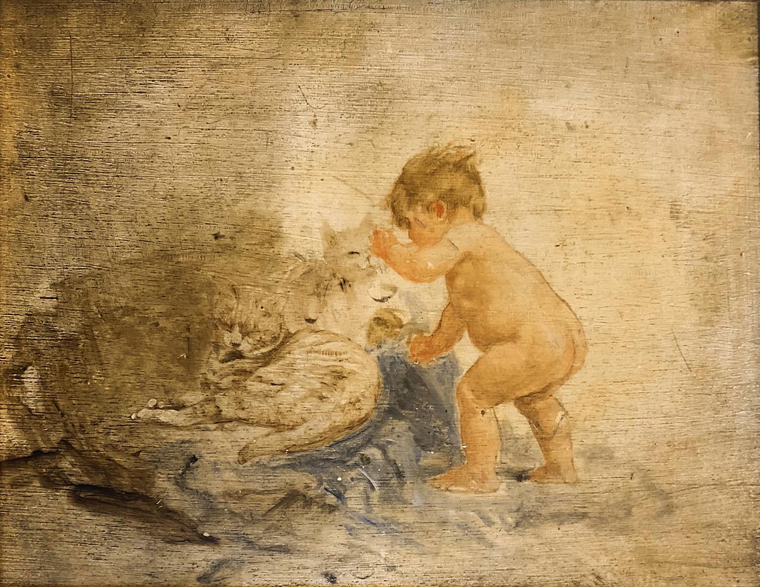 Unknown Figurative Painting - Playful Cats - French School Oil Sketch - Rococo Revival