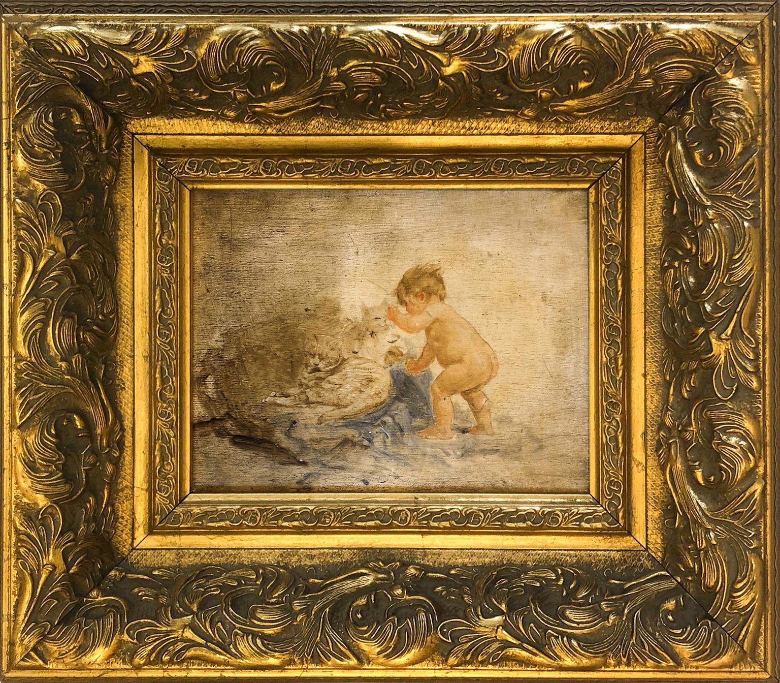 Playful Cats - French School Oil Sketch - Rococo Revival - Painting by Unknown