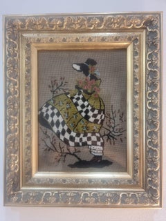 Chica Con Flores Wiehler Tapiz Gobelino Hecho a Mano Verde Marrón Beige Blanco Rosa