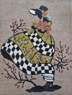 Chica Con Flores Wiehler Tapiz Gobelino Hecho a Mano Verde Marrón Beige Blanco Rosa