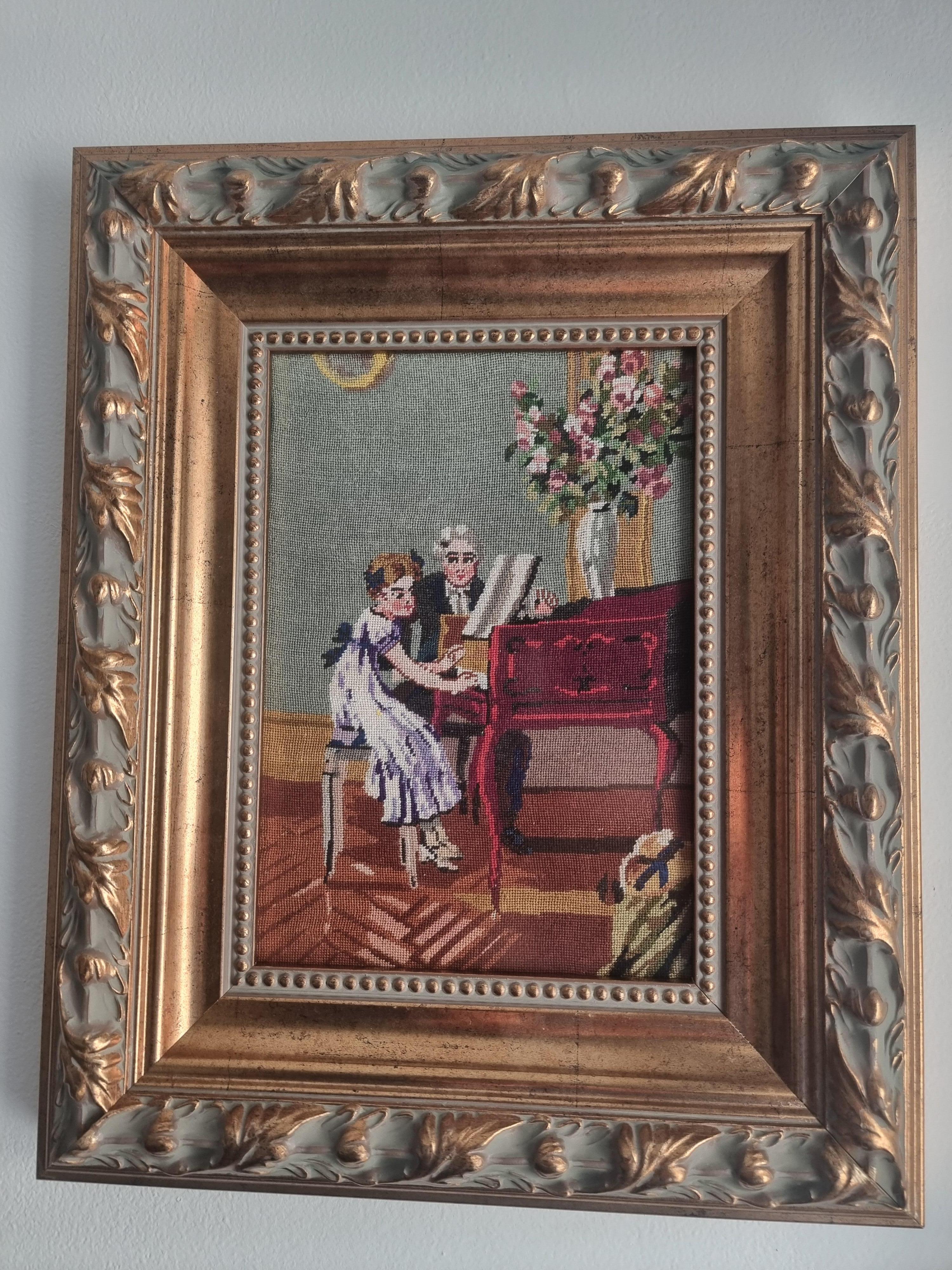 Klavierstunde  Wiehler Handmade Gobelin Wandteppich Braun Weiß Rosa Blau Schwarz Grau (Romantik), Art, von Vera Petrova - Sapundjieva