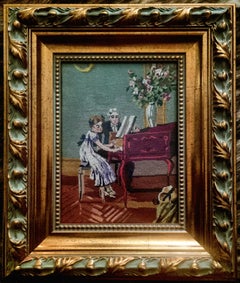 Piano Lesson  Wiehler Handmade Gobelin Tapestry Brown White Pink Blue Black Grey