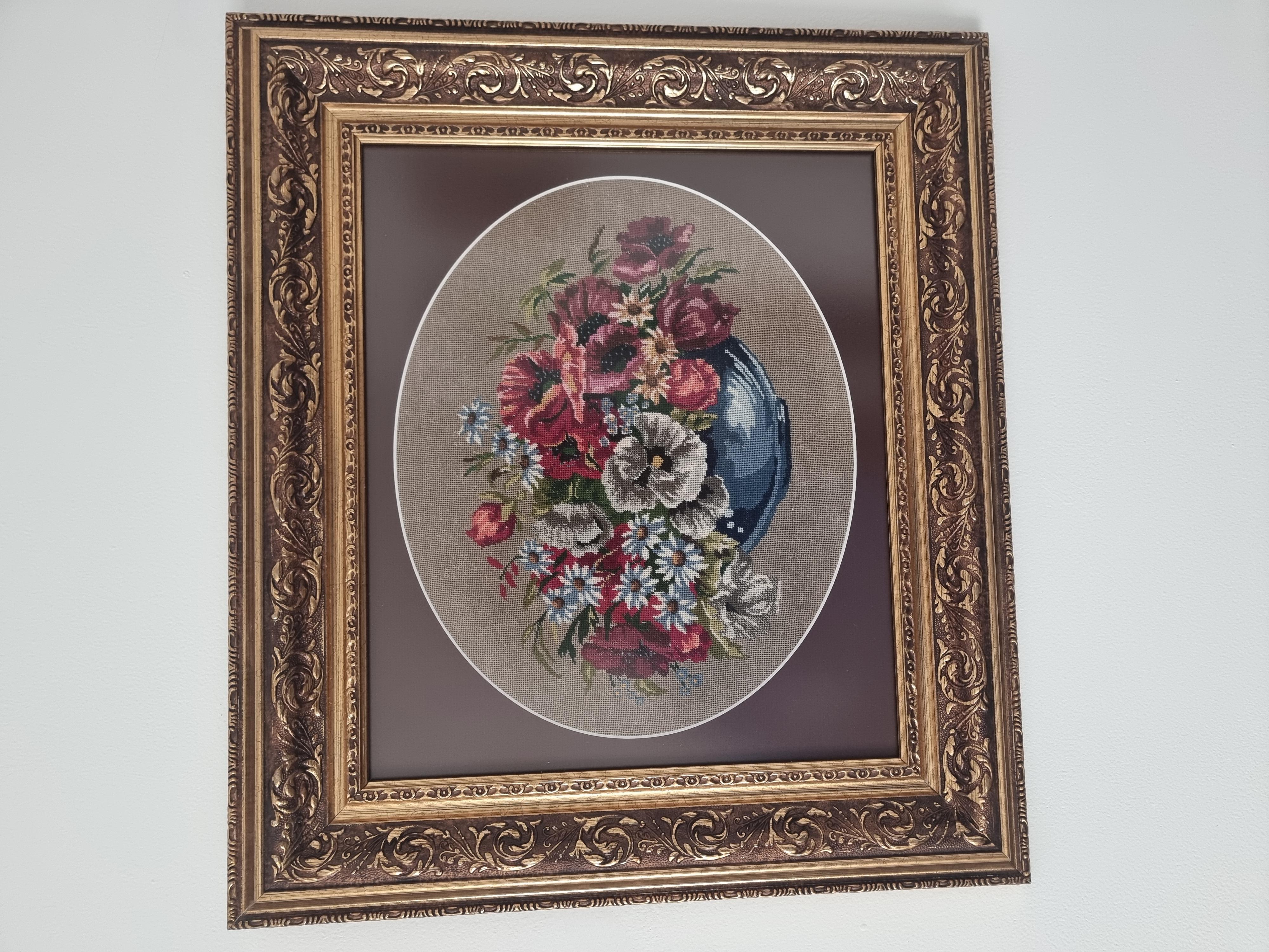 Fleurs natures mortes Wiehler tapisserie Gobelin faite à la main vert rouge beige blanc rose en vente 3