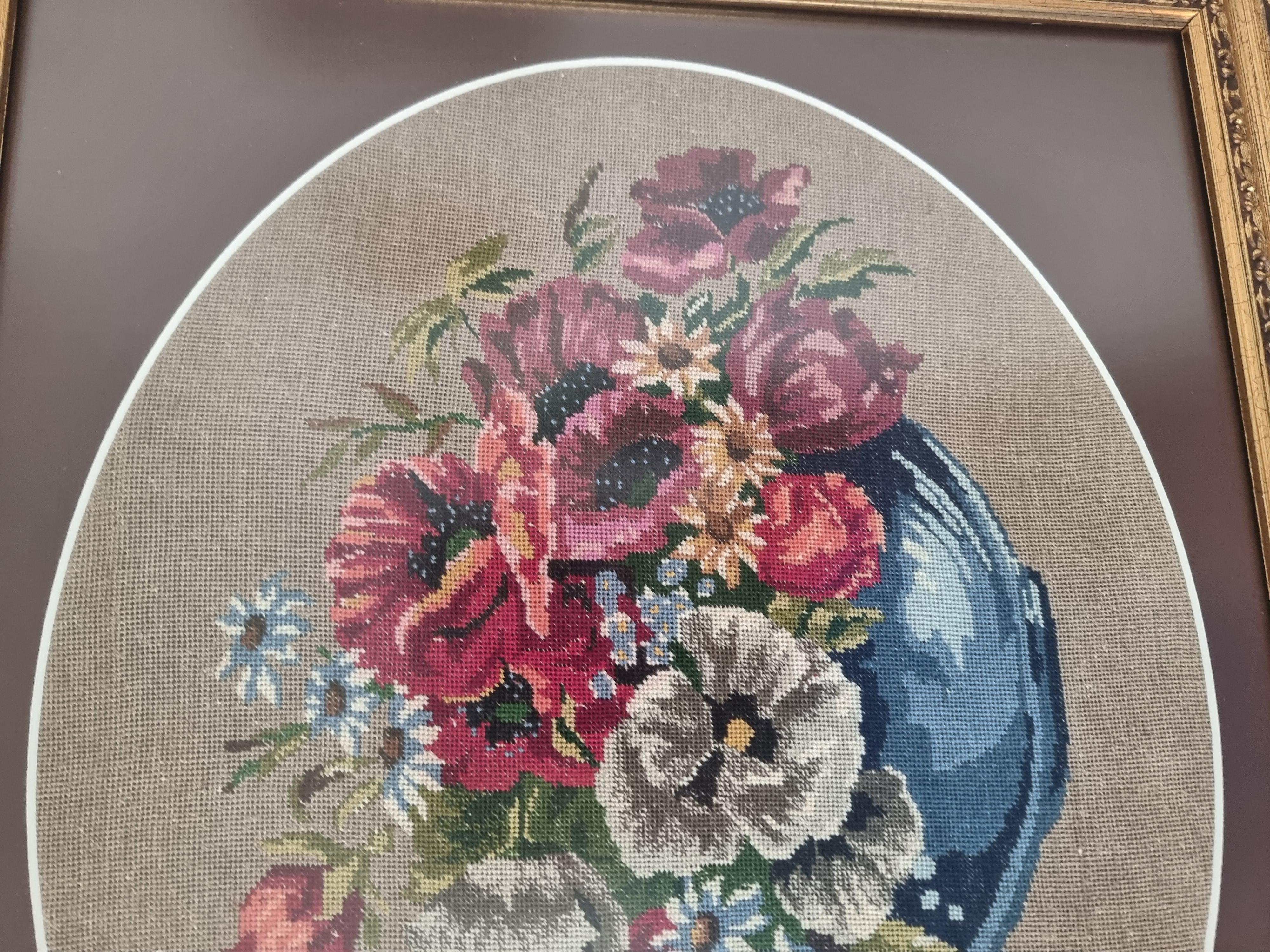 Fleurs natures mortes Wiehler tapisserie Gobelin faite à la main vert rouge beige blanc rose en vente 2