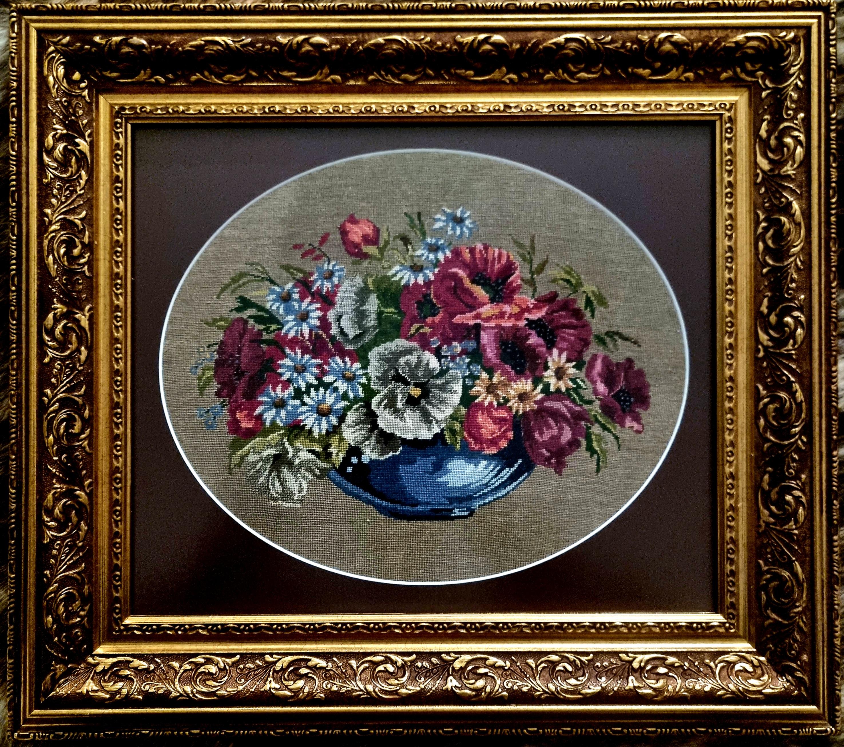 Blumen Stillleben Wiehler Handgefertigter Gobelin-Wandteppich in Grün, Rot, Beige, Weiß und Rosa