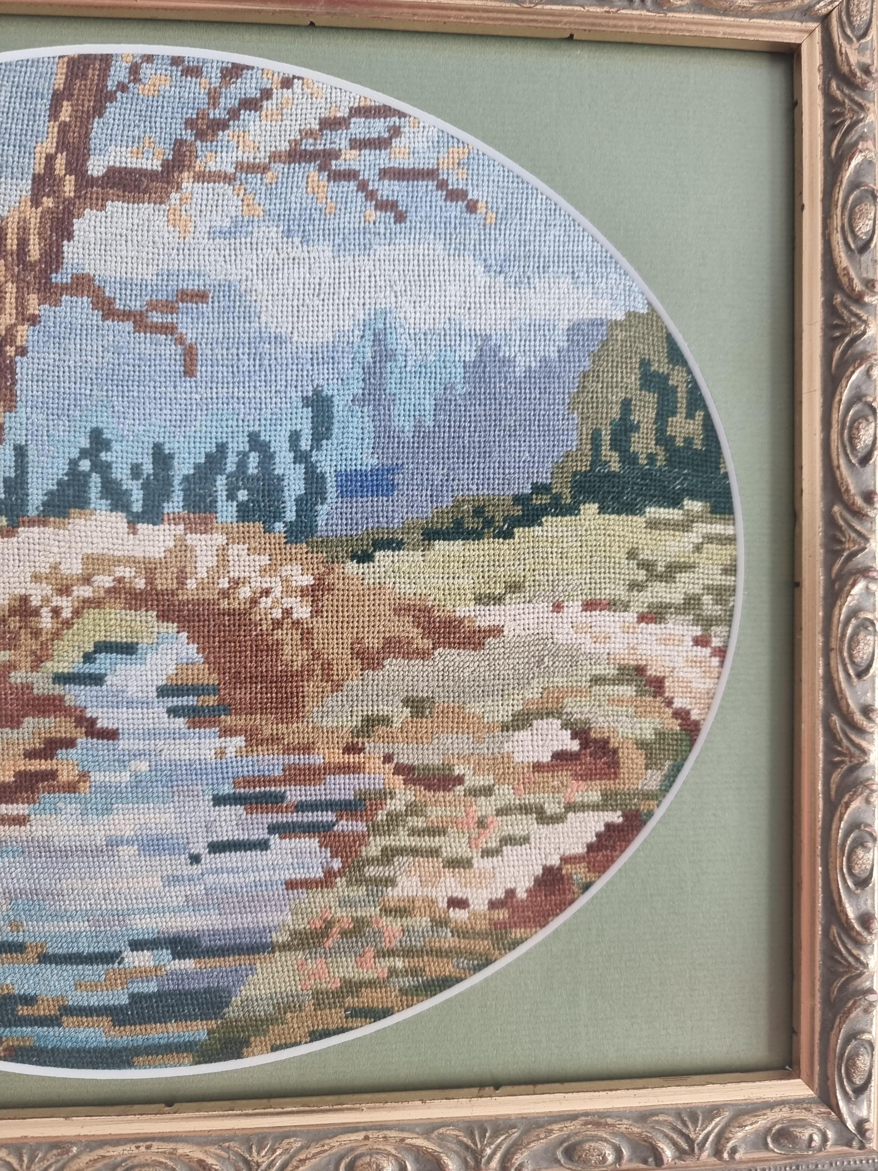 Sommerlandschaft – Wiehler Handgefertigter Gobelin-Wandteppich in Grün, Rot, Beige, Weiß und Rosa im Angebot 1