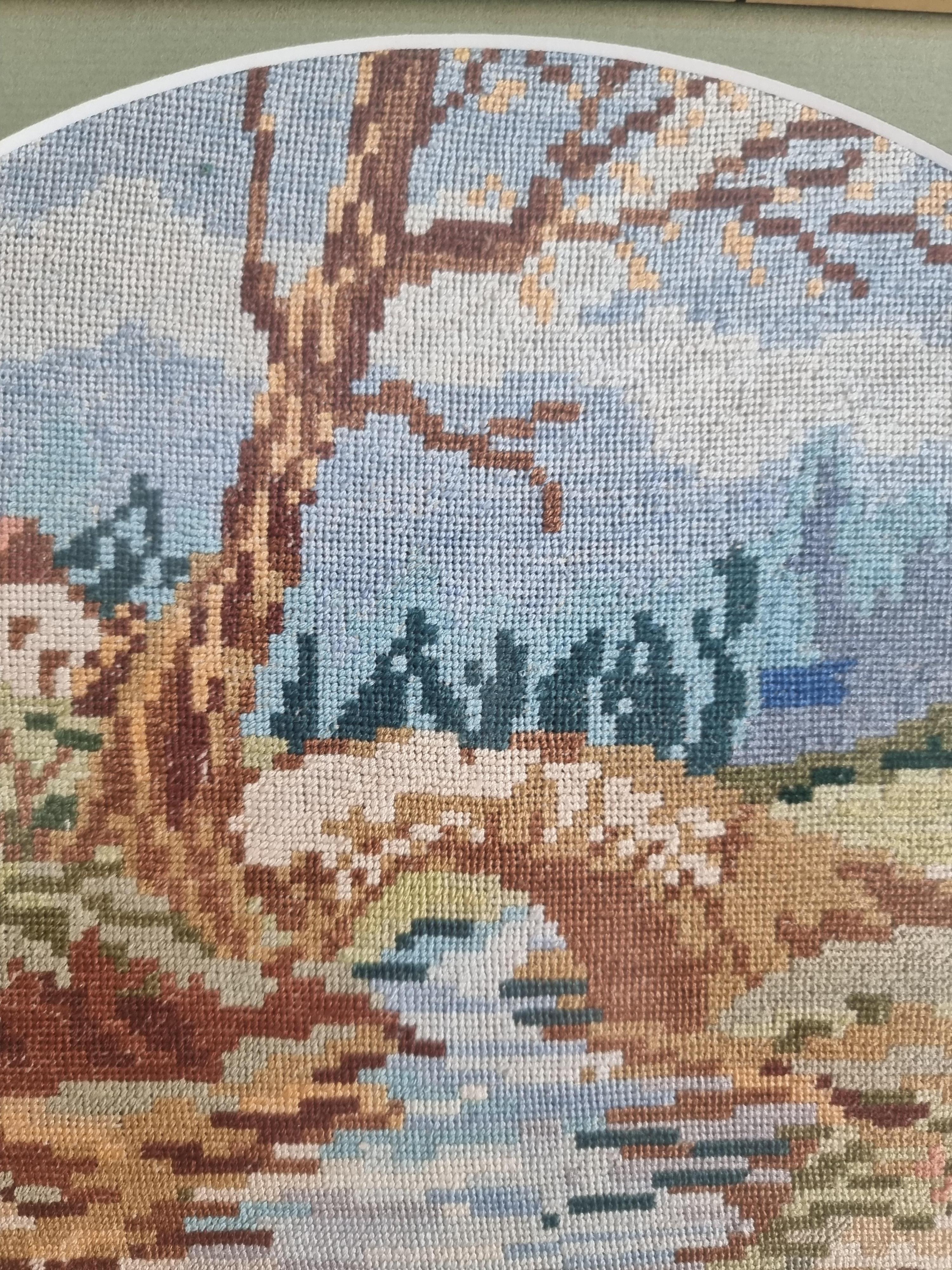 Sommerlandschaft – Wiehler Handgefertigter Gobelin-Wandteppich in Grün, Rot, Beige, Weiß und Rosa im Angebot 2