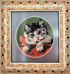 Mi gato - Wiehler Tapiz de gobelino hecho a mano Verde Rojo Beige Blanco Rosa
