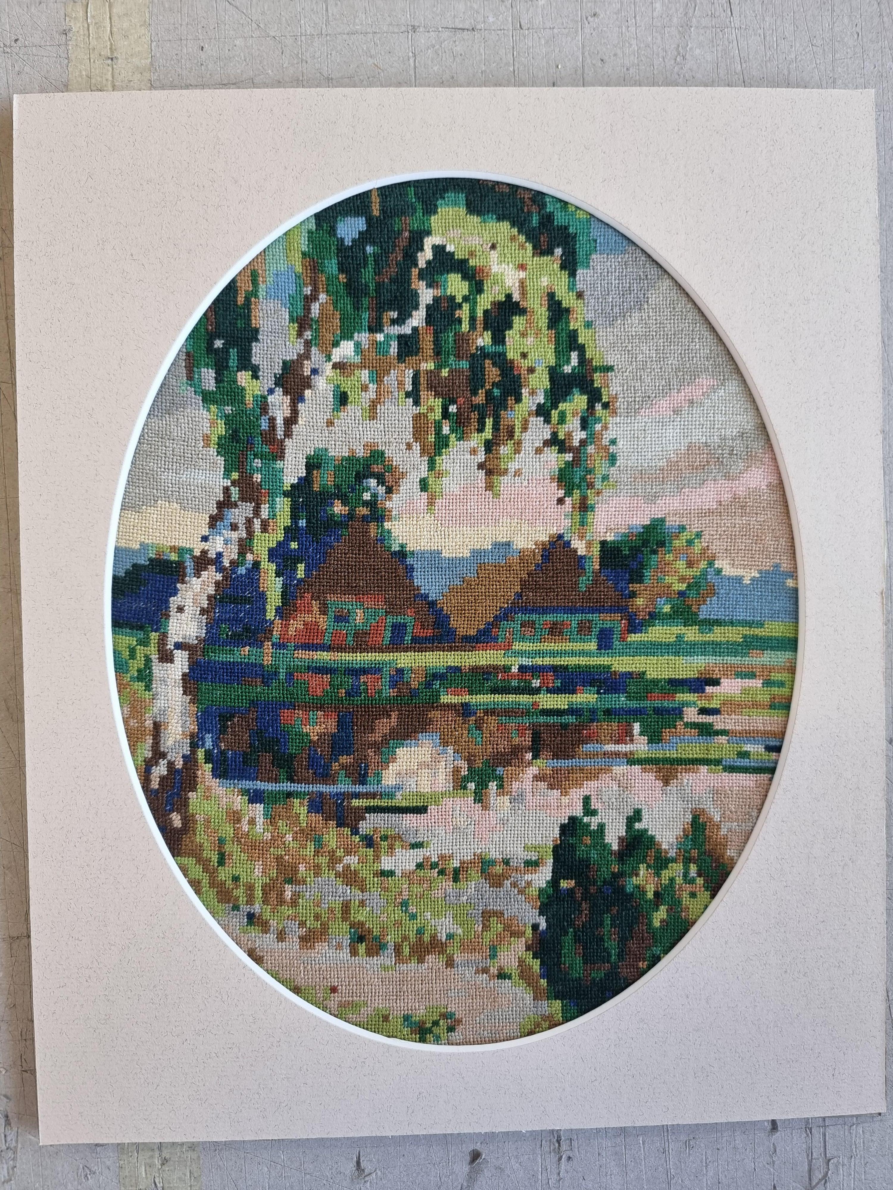The Lake House - Wiehler Handgefertigter Gobelin-Wandteppich in Grün, Rot, Beige, Weiß und Rosa im Angebot 2
