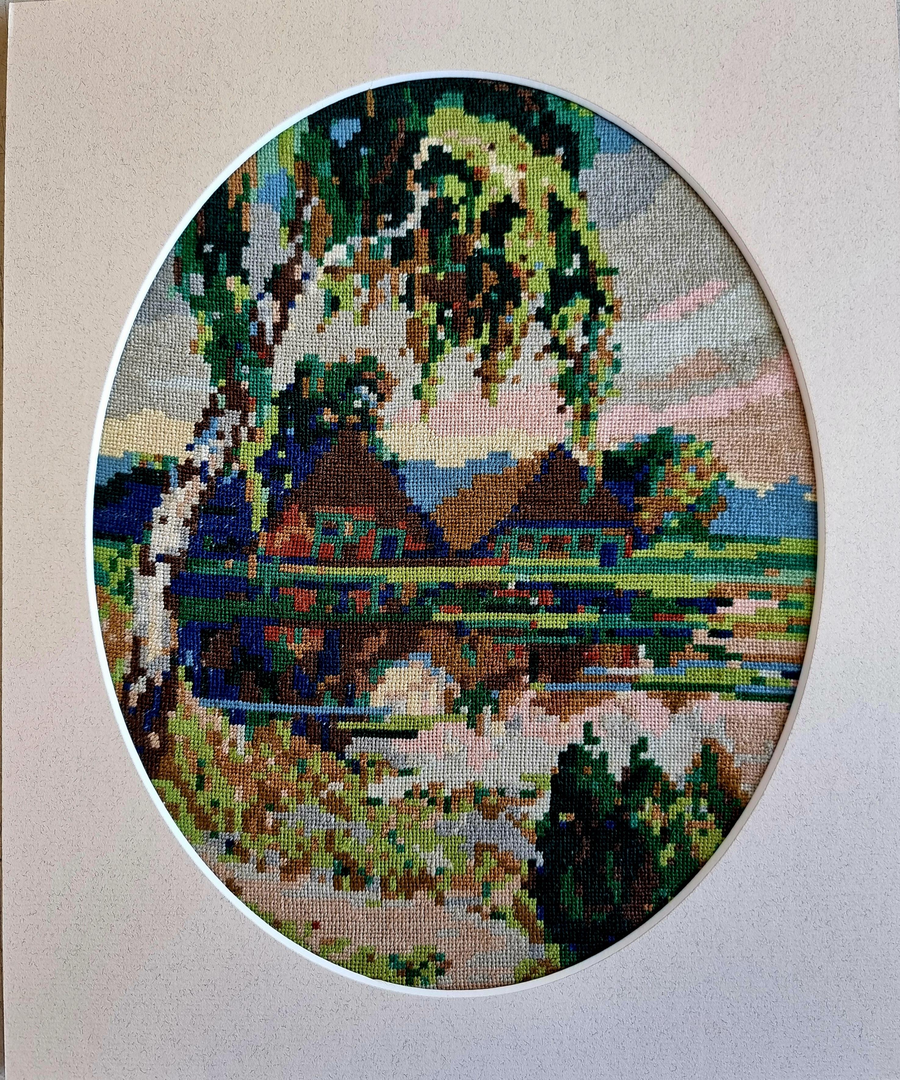 The Lake House - Wiehler Handgefertigter Gobelin-Wandteppich in Grün, Rot, Beige, Weiß und Rosa im Angebot 3