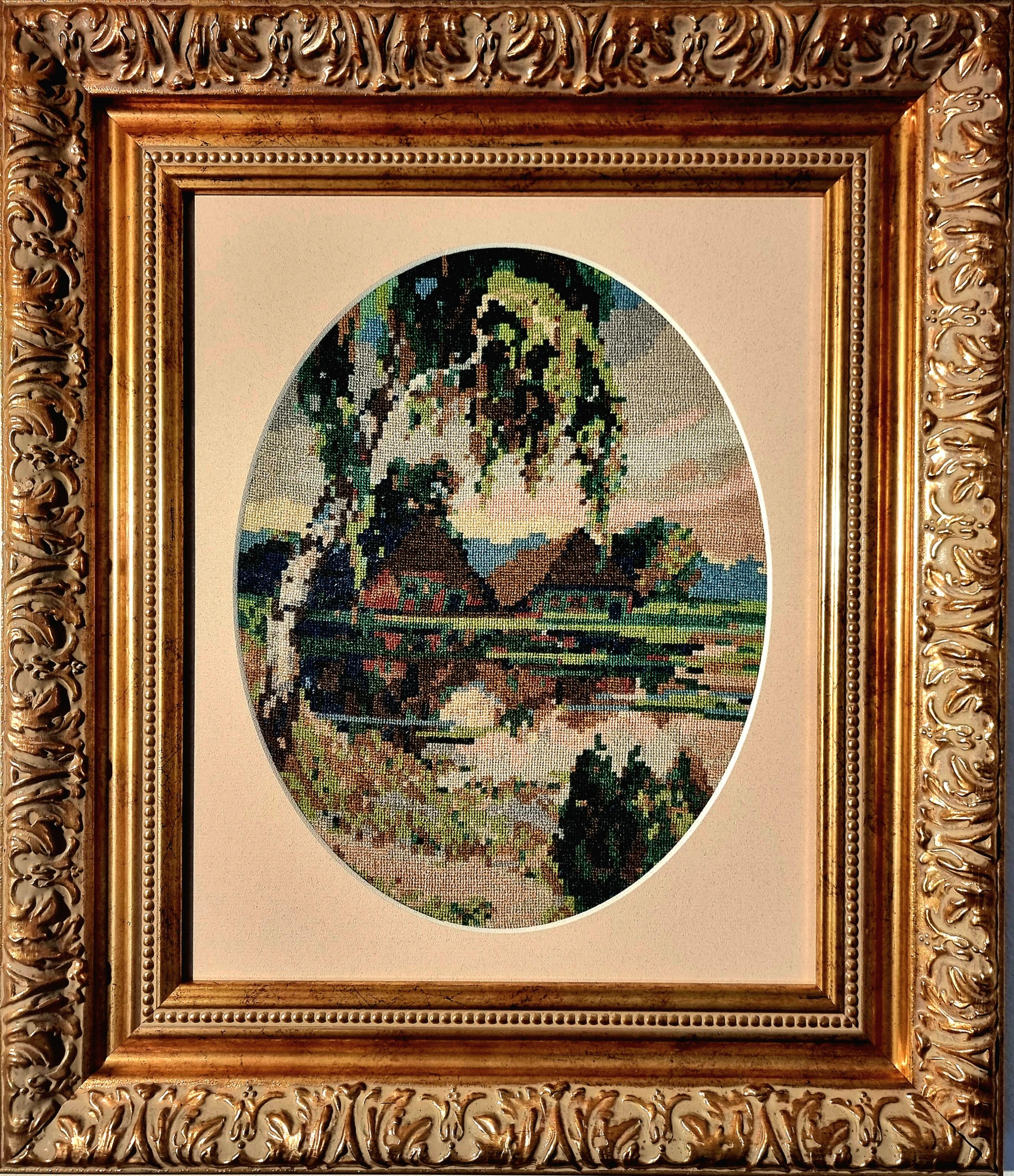 The Lake House - Wiehler Handgefertigter Gobelin-Wandteppich in Grün, Rot, Beige, Weiß und Rosa – Art von Vera Petrova - Sapundjieva