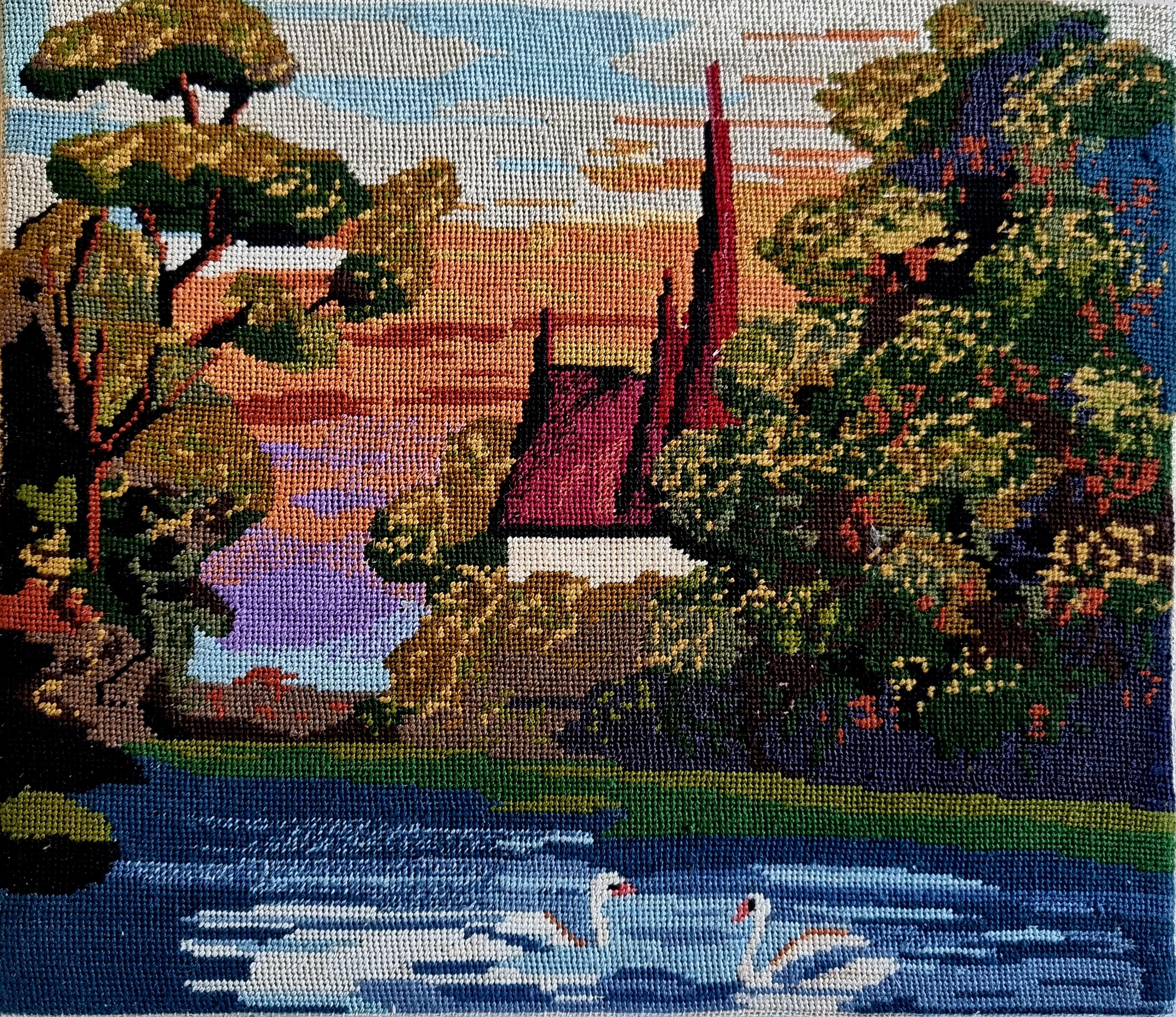 The Lake - Wiehler Handmade Gobelin Tapestry Green Red Beige White Pink - Romantic Art by Vera Petrova - Sapundjieva