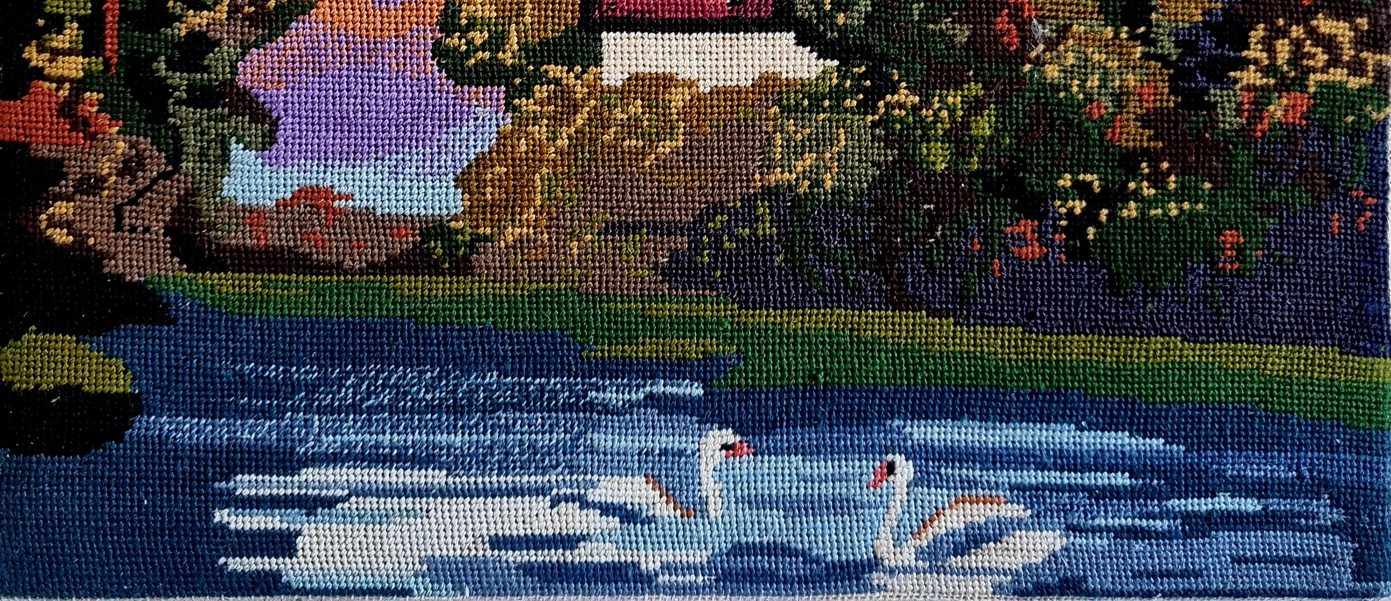 The Lake - Wiehler Handmade Gobelin Tapestry Green Red Beige White Pink For Sale 1