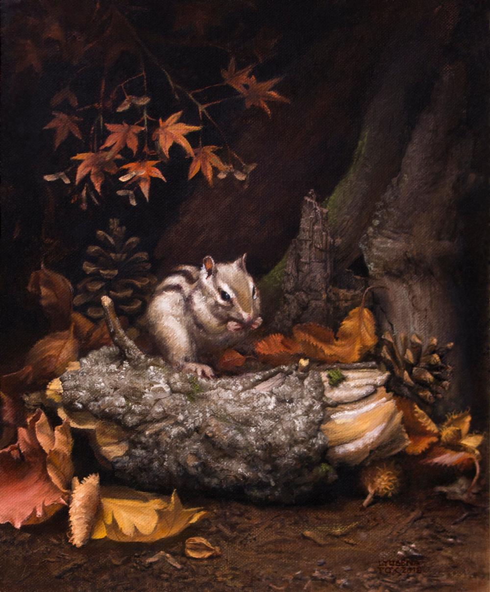 Chipmunk d'automne - Peinture à l'huile - Nature morte des couleurs noir, brun, beige, gris et blanc