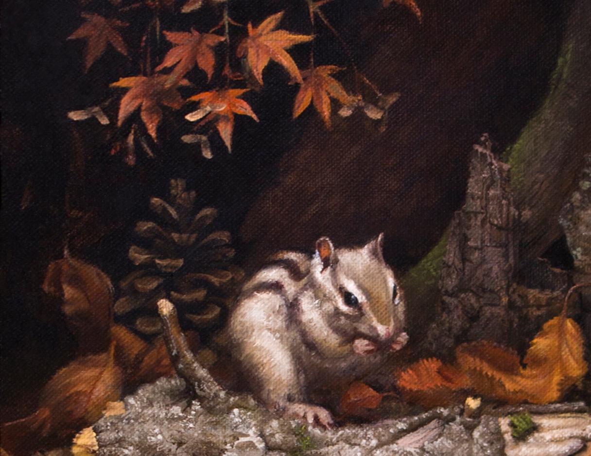 Herbst Chipmunk - Öl-Stillleben-Gemälde in den Farben Schwarz Braun Beige Grau Weiß – Painting von Lyubena Fox
