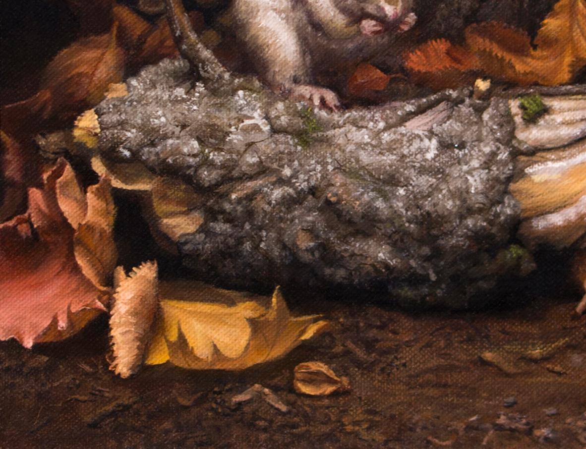 Herbst Chipmunk - Öl-Stillleben-Gemälde in den Farben Schwarz Braun Beige Grau Weiß (Realismus), Painting, von Lyubena Fox