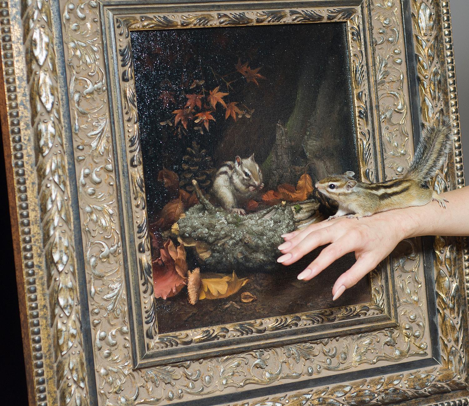 Scoiattolo d'autunno - Pittura ad olio Still-Life Colori Nero Marrone Beige Grigio Bianco 1