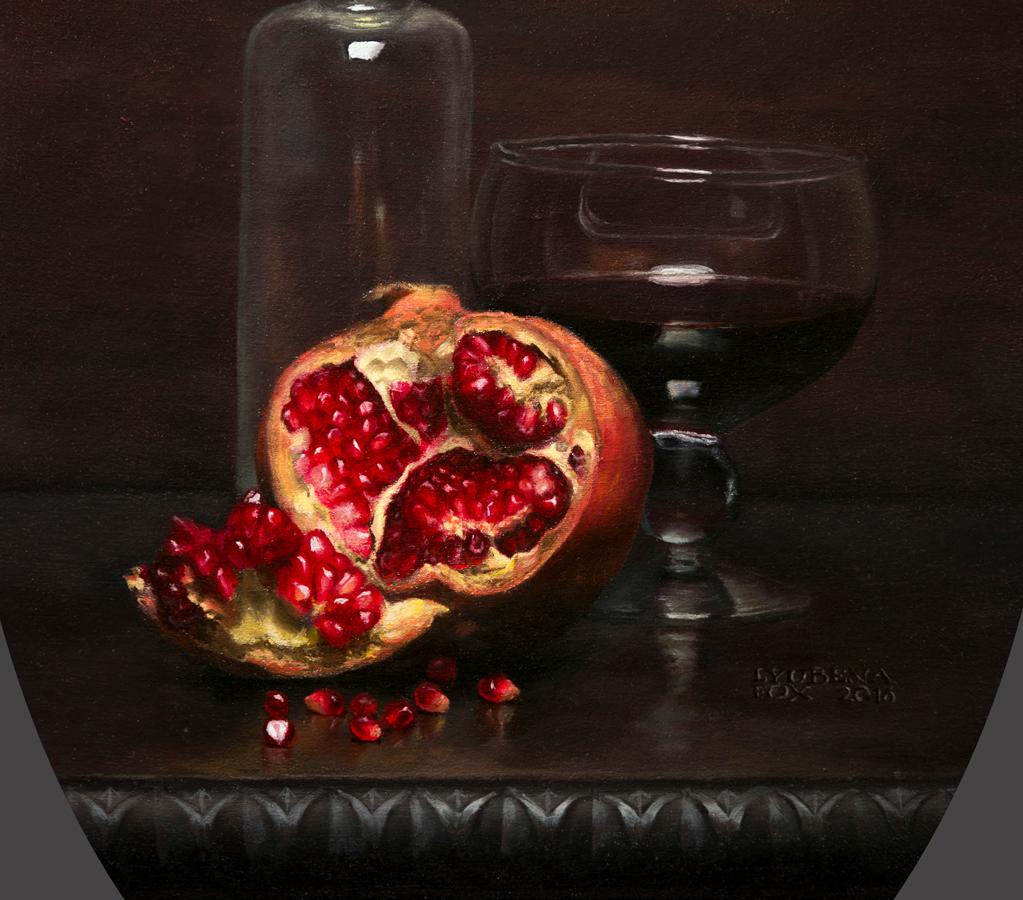 Granatapfel & Glas - Still-Leben Ölgemälde Farben Schwarz Rot Weiß Grau  – Painting von Lyubena Fox