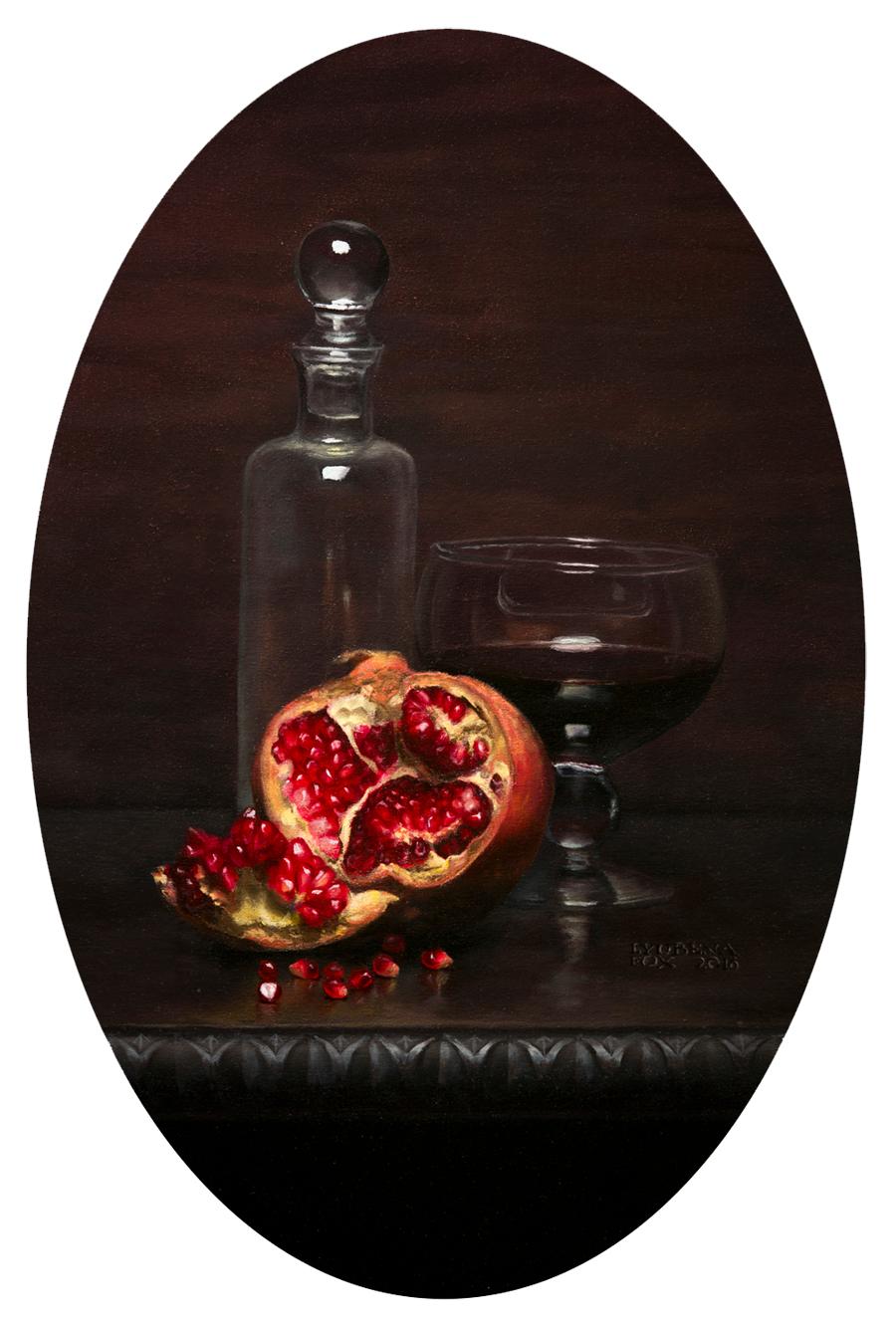Lyubena Fox Still-Life Painting – Granatapfel & Glas - Still-Leben Ölgemälde Farben Schwarz Rot Weiß Grau 