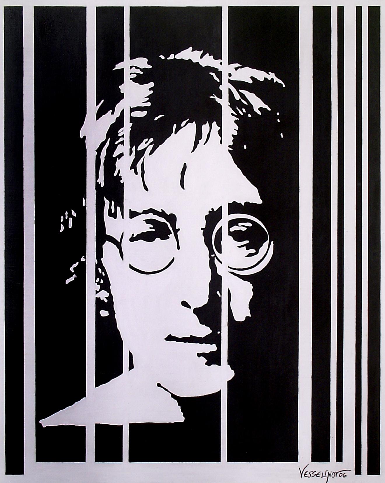 Vlado Vesselinov Portrait Painting – Lennon - Mischtechnik-Porträtmalerei in den Farben Weiß Schwarz 
