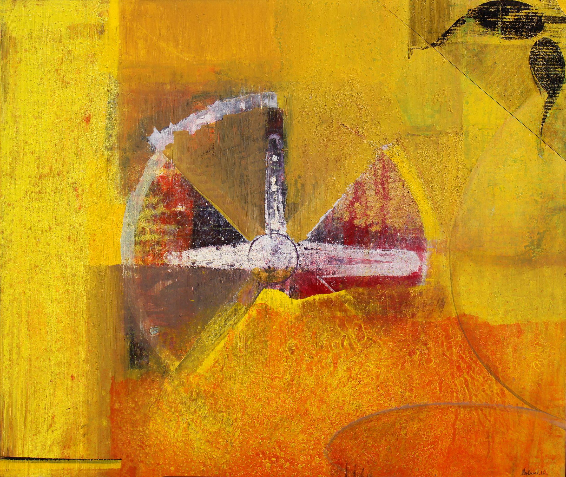 Abstract Painting Deyan Valkov - Rétro - Peinture abstraite technique mixte Couleurs rouge, jaune, gris et blanc