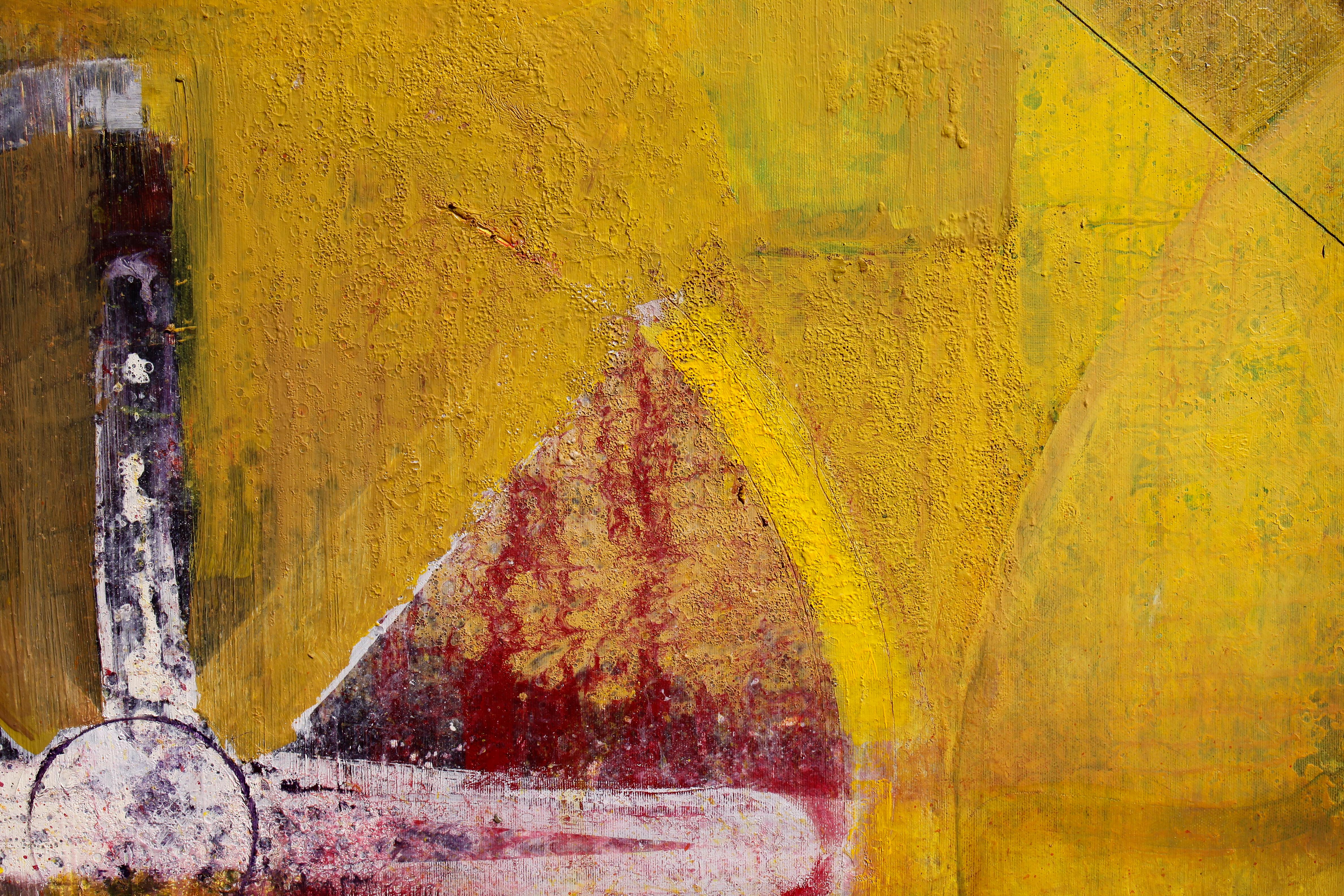 Rétro - Peinture abstraite technique mixte Couleurs rouge, jaune, gris et blanc - Painting de Deyan Valkov