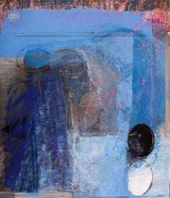 Zwei Engel – Abstraktes Gemälde in Mischtechnik in Farben Lila Blau Grau Schwarz Weiß 