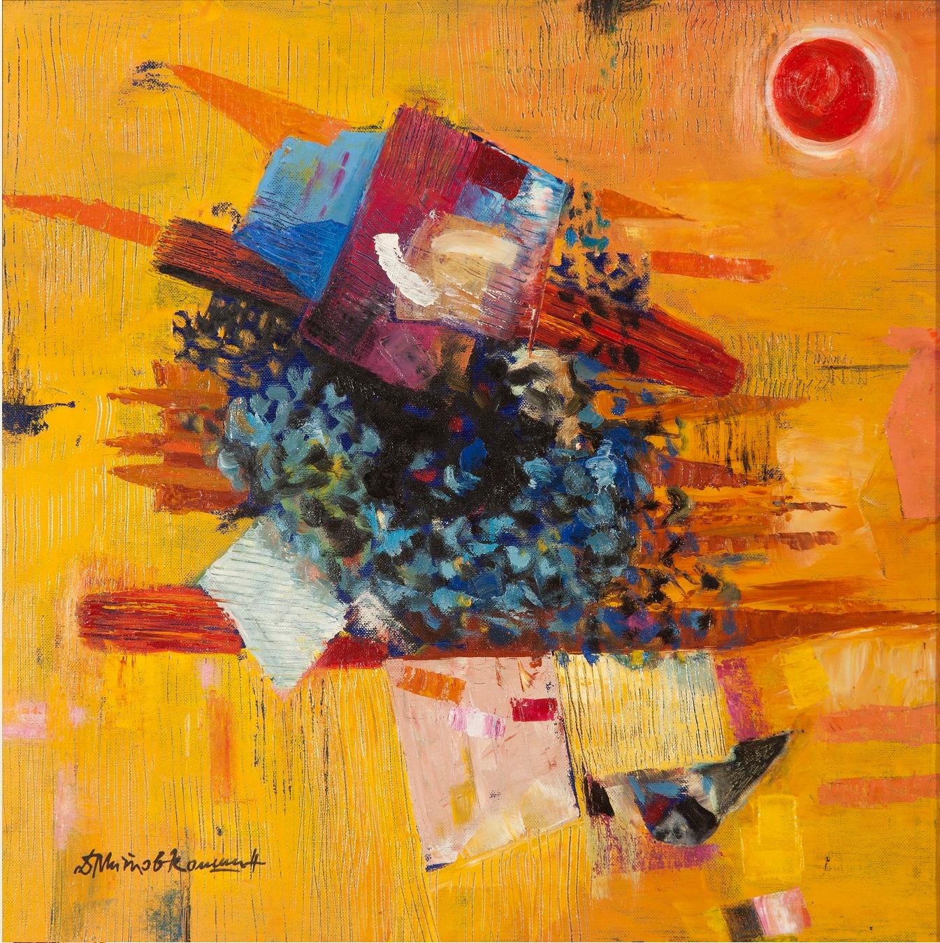 Dimitar Mitov - Komshin  Abstract Painting - Abstract Red Sun - Abstract Oil Painting Blue Brown White Red Orange Yellow