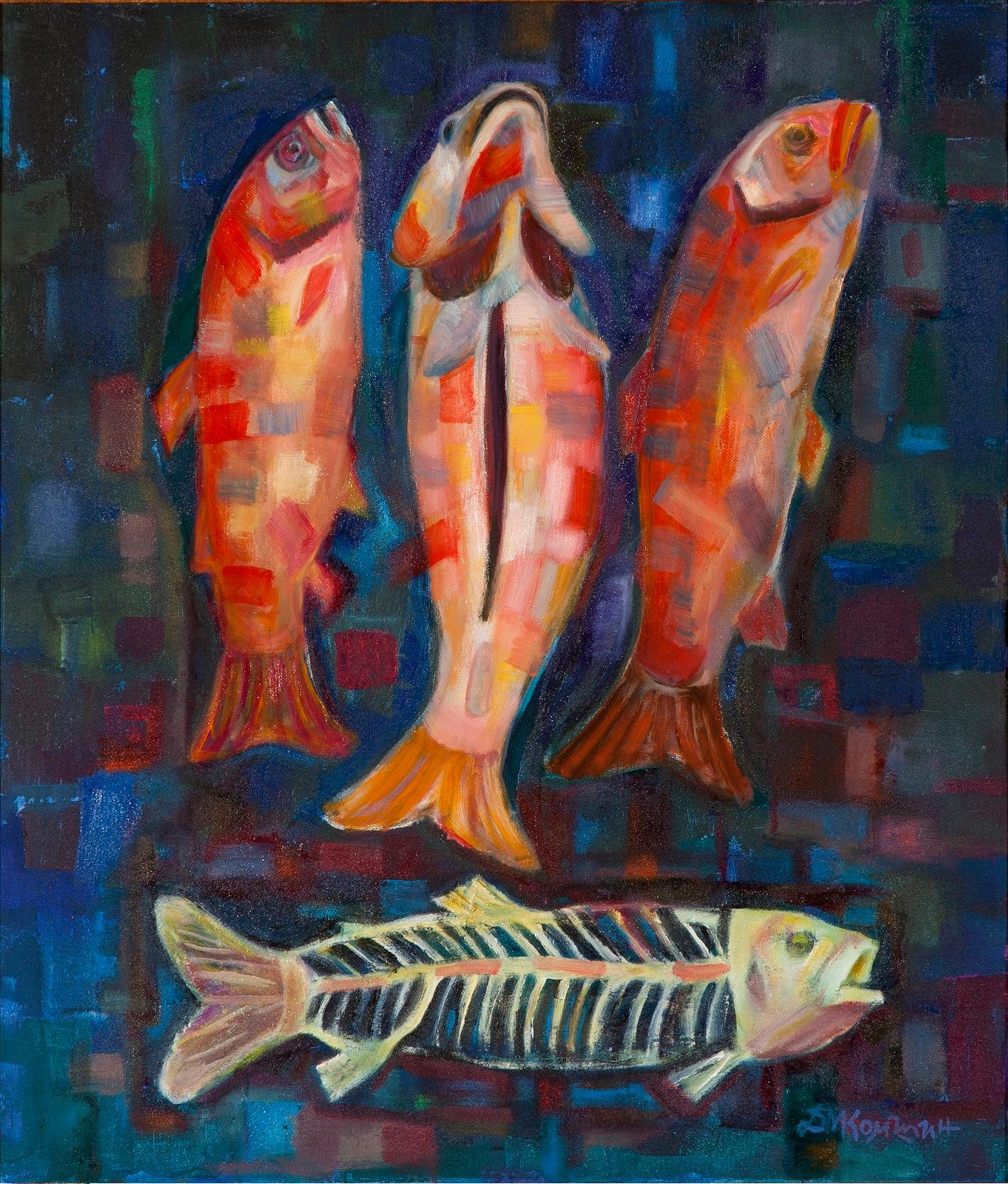 Dimitar Mitov - Komshin  Figurative Painting - Allegory Fish - Oil Painting Blue Green Brown White Red Orange Yellow 