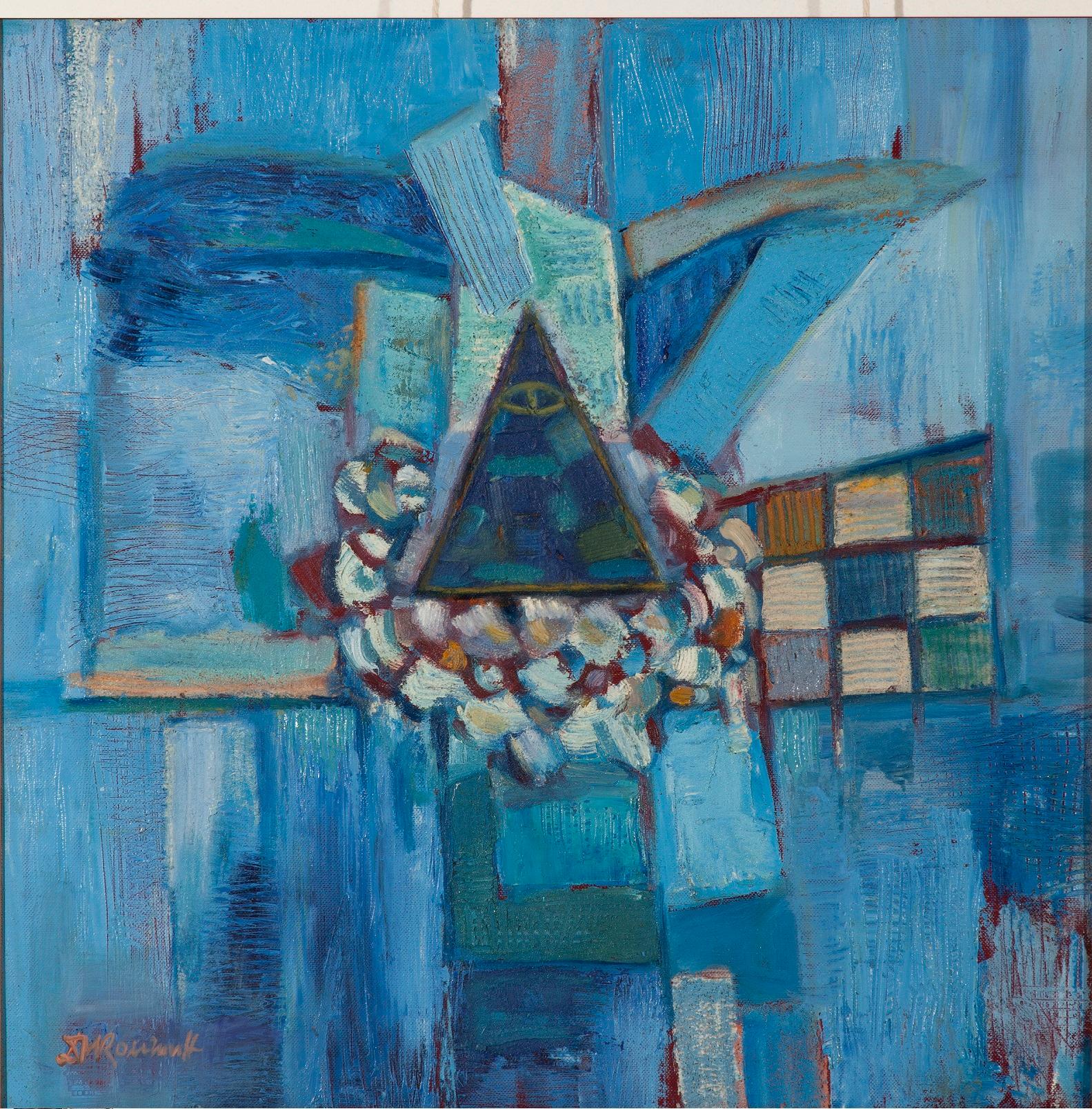 Dimitar Mitov - Komshin  Abstract Painting - Blue Expression II - Abstract Oil Painting Blue Green Brown White Beige