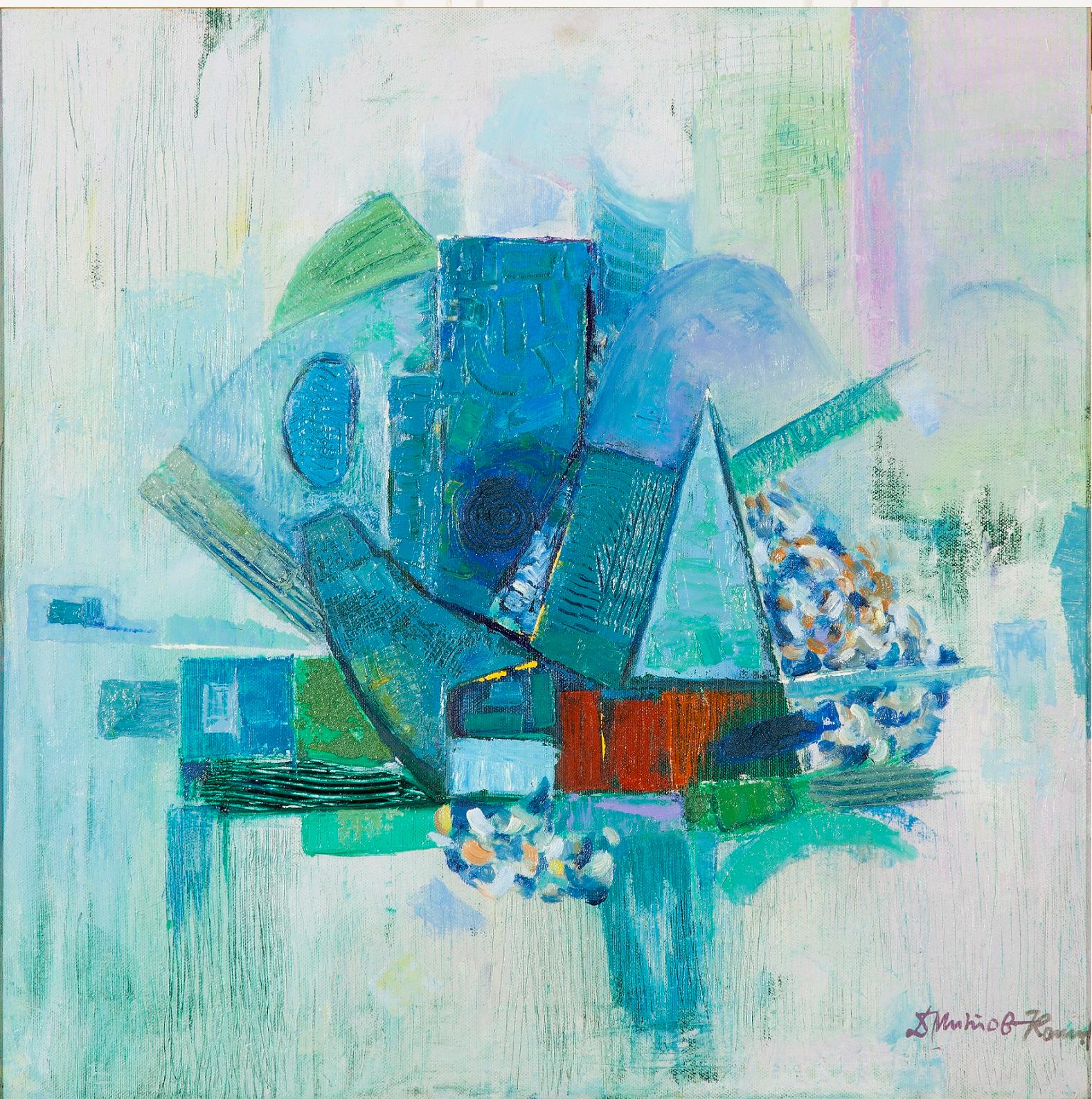 Dimitar Mitov - Komshin  Abstract Painting - Blue Expression I - Abstract Oil Painting Blue Green White Lilac White 