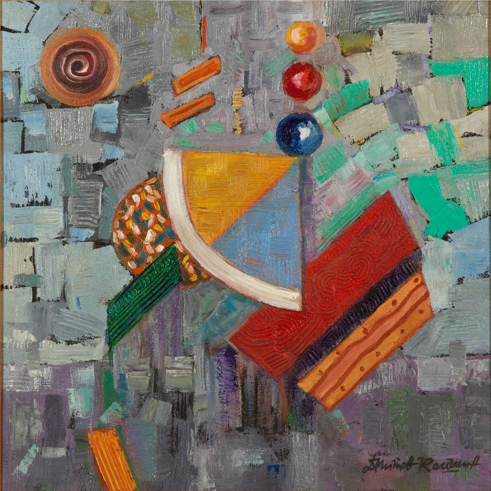 Dimitar Mitov - Komshin  Abstract Painting - Composition With Balls - Abstract Oil Painting Blue Green Brown White Red Orange