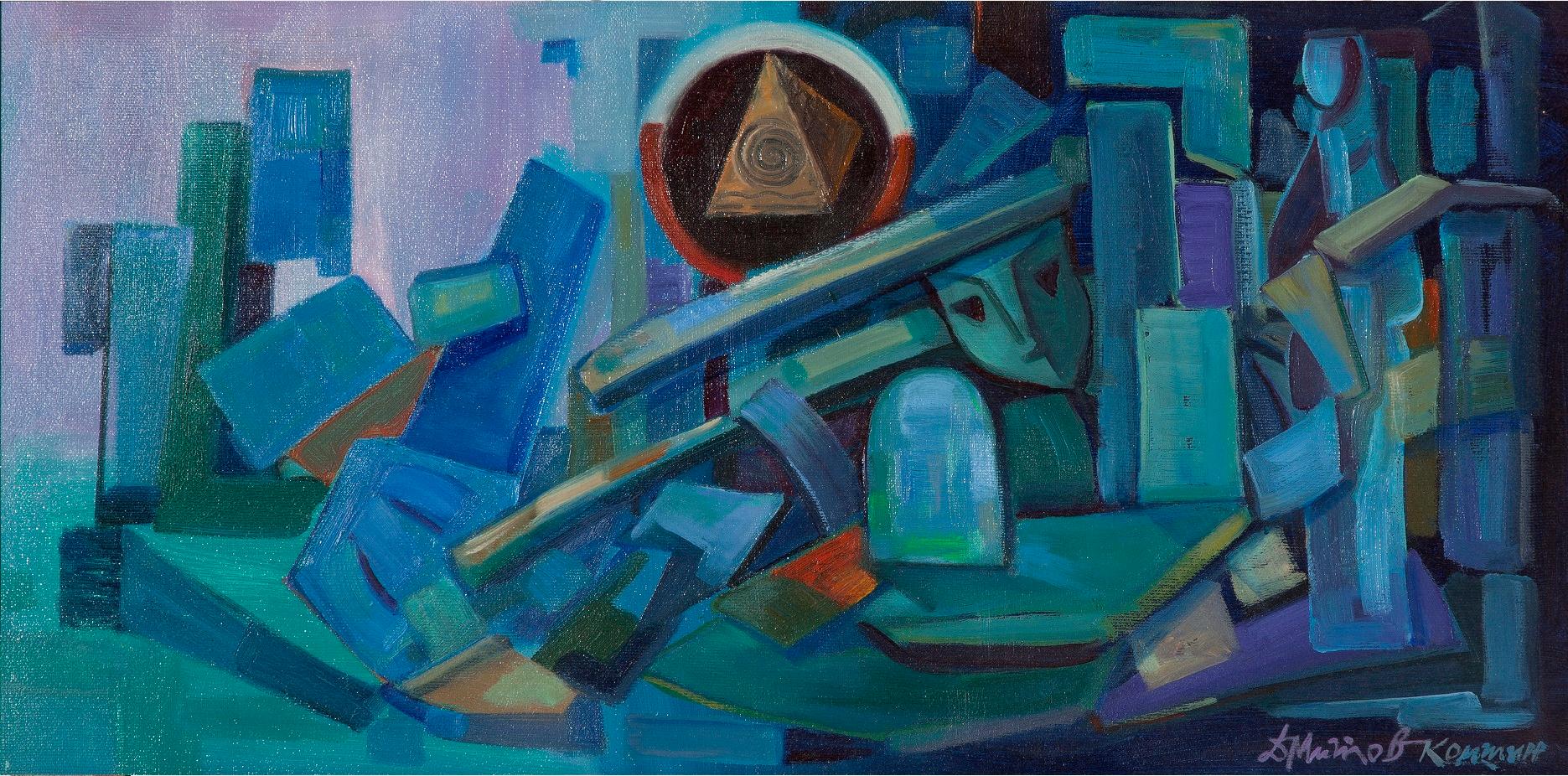 Dimitar Mitov - Komshin  Abstract Painting - Cultural Layers - Abstract Oil Painting Blue Green Brown 