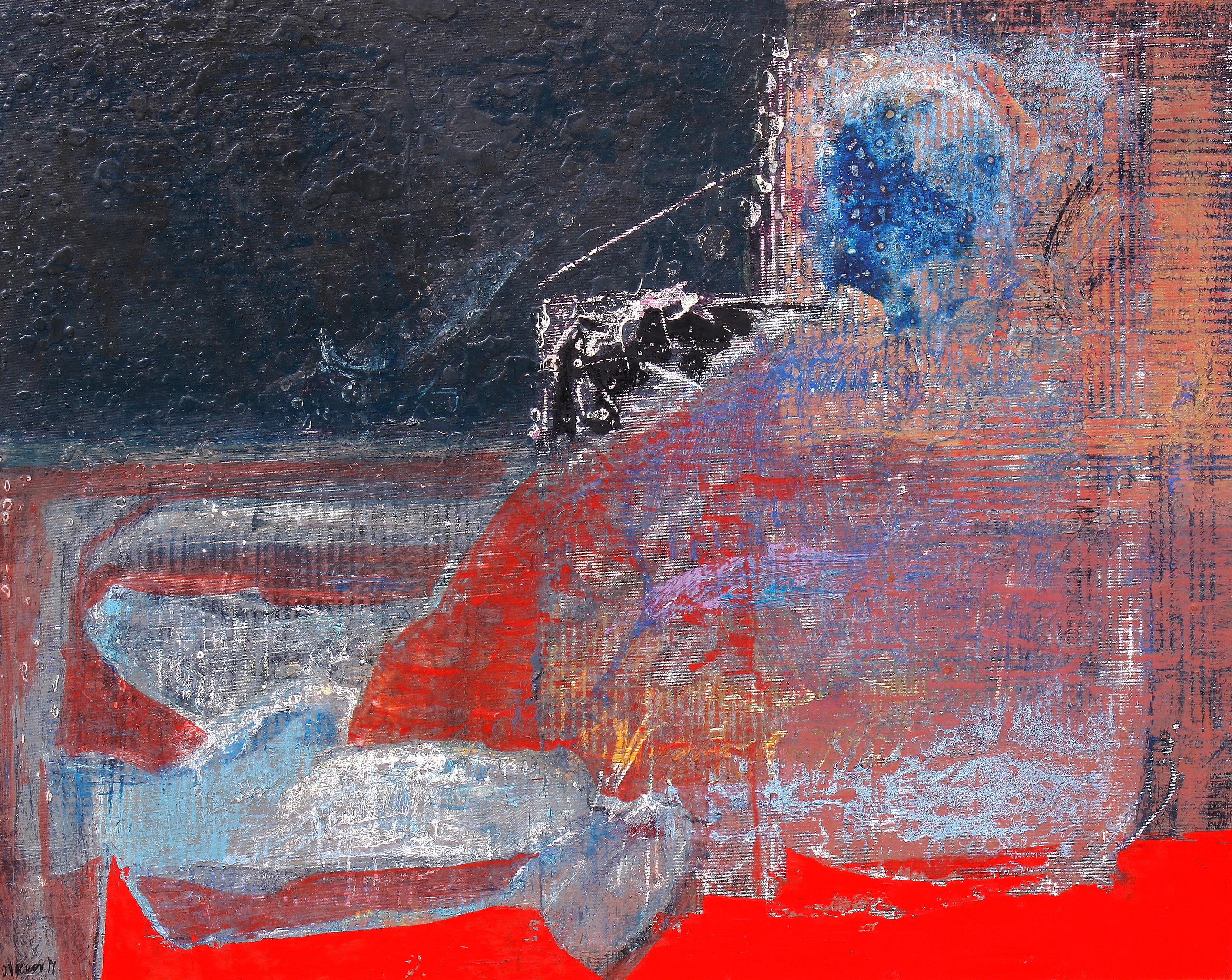 Abstract Painting Deyan Valkov - Fisherman III - peinture abstraite marron, orange, bleu, gris, noir, blanc et violet