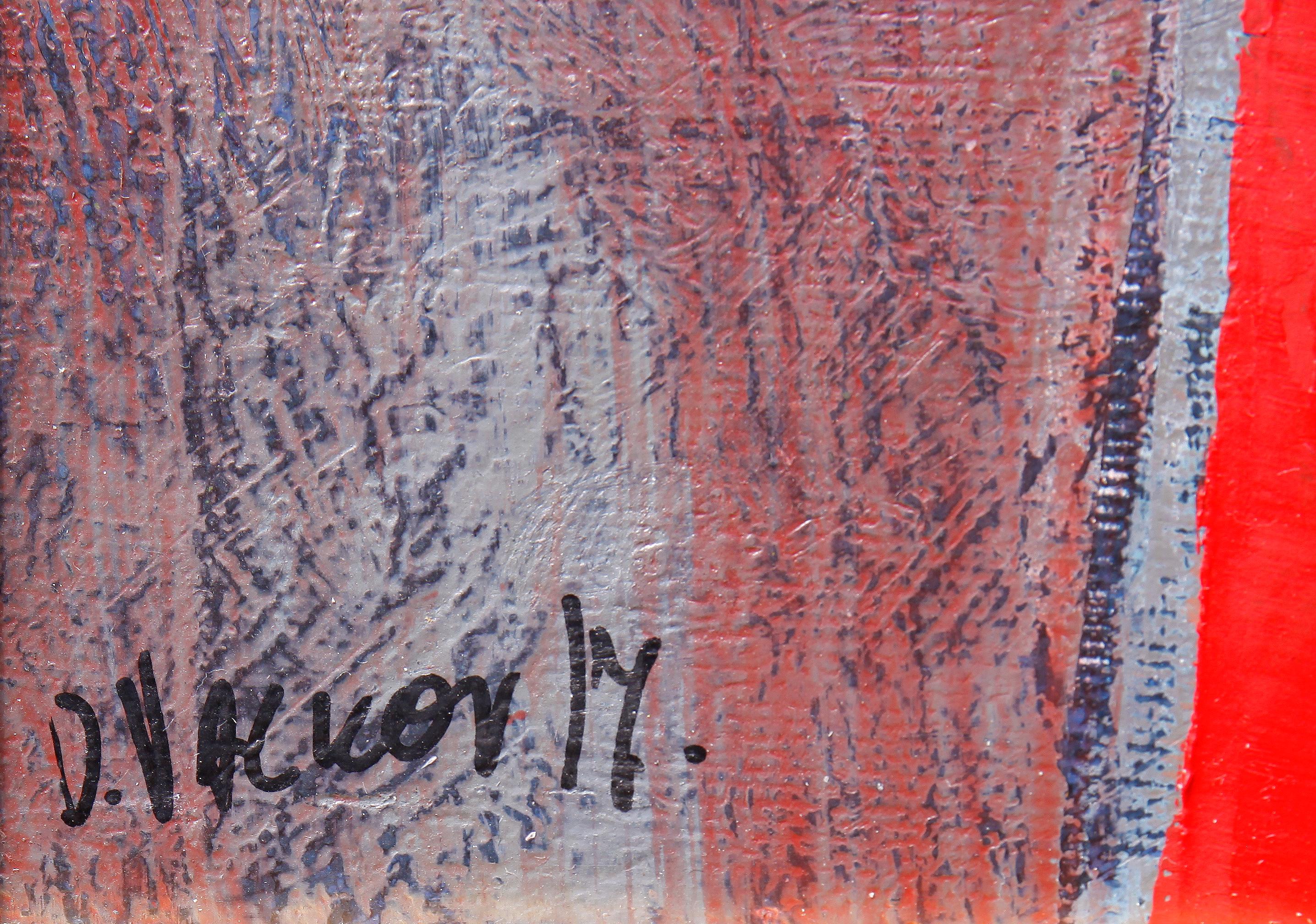 Fisherman III - peinture abstraite marron, orange, bleu, gris, noir, blanc et violet - Rose Abstract Painting par Deyan Valkov