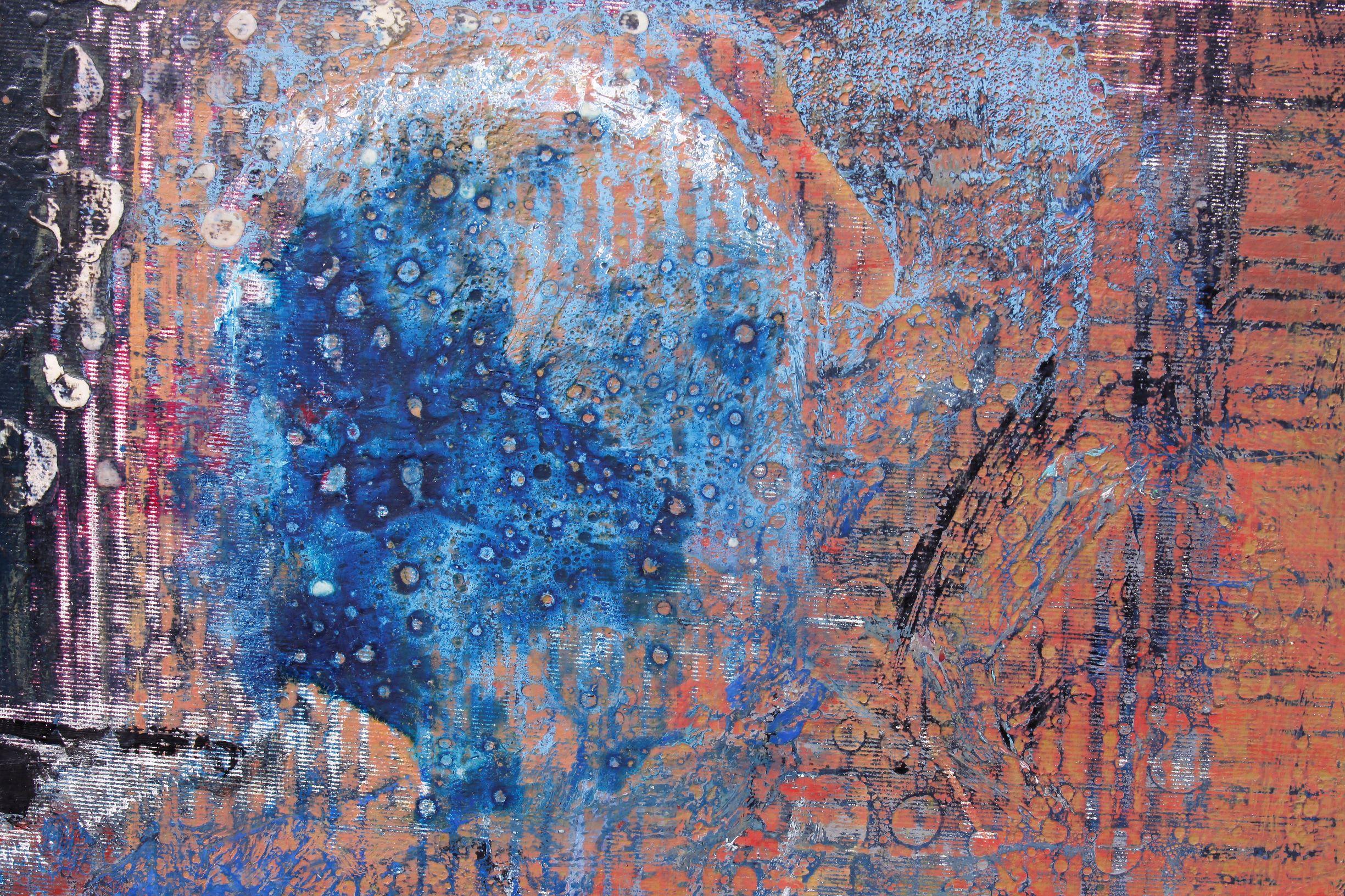 Fisherman III - peinture abstraite marron, orange, bleu, gris, noir, blanc et violet - Painting de Deyan Valkov