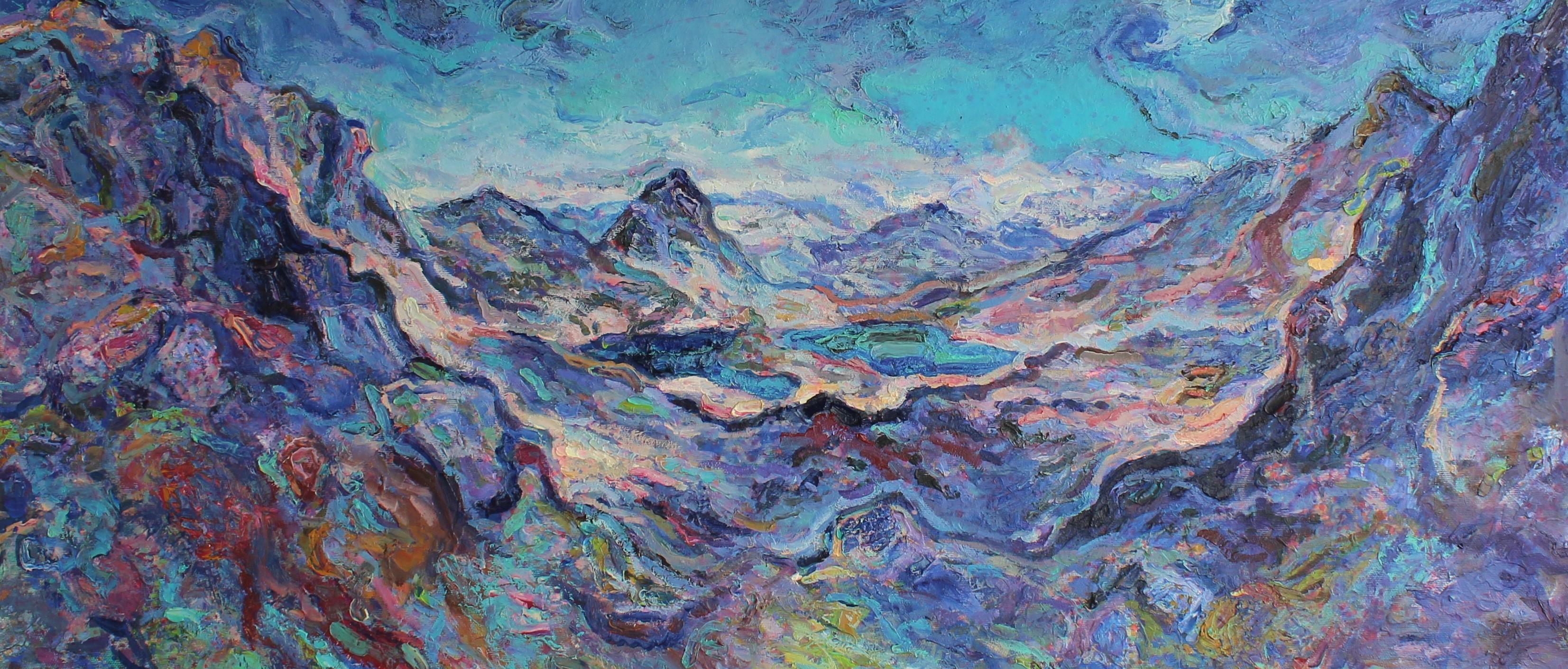 Elena Georgieva Landscape Painting – Pirin Mountain - Oil Painting Colors Pink Blue White Purple Green Brown Grey