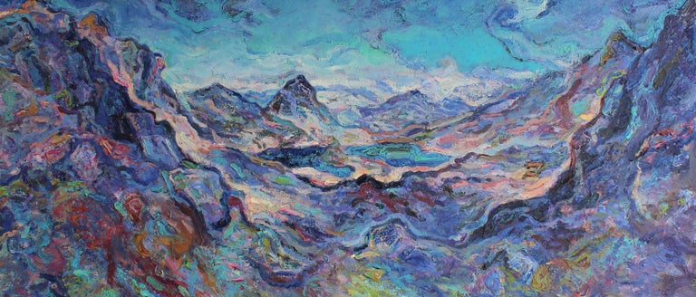 Elena Georgieva Landscape Painting - Pirin Mountain - Oil Painting Colors Pink Blue White Purple Green Brown Grey