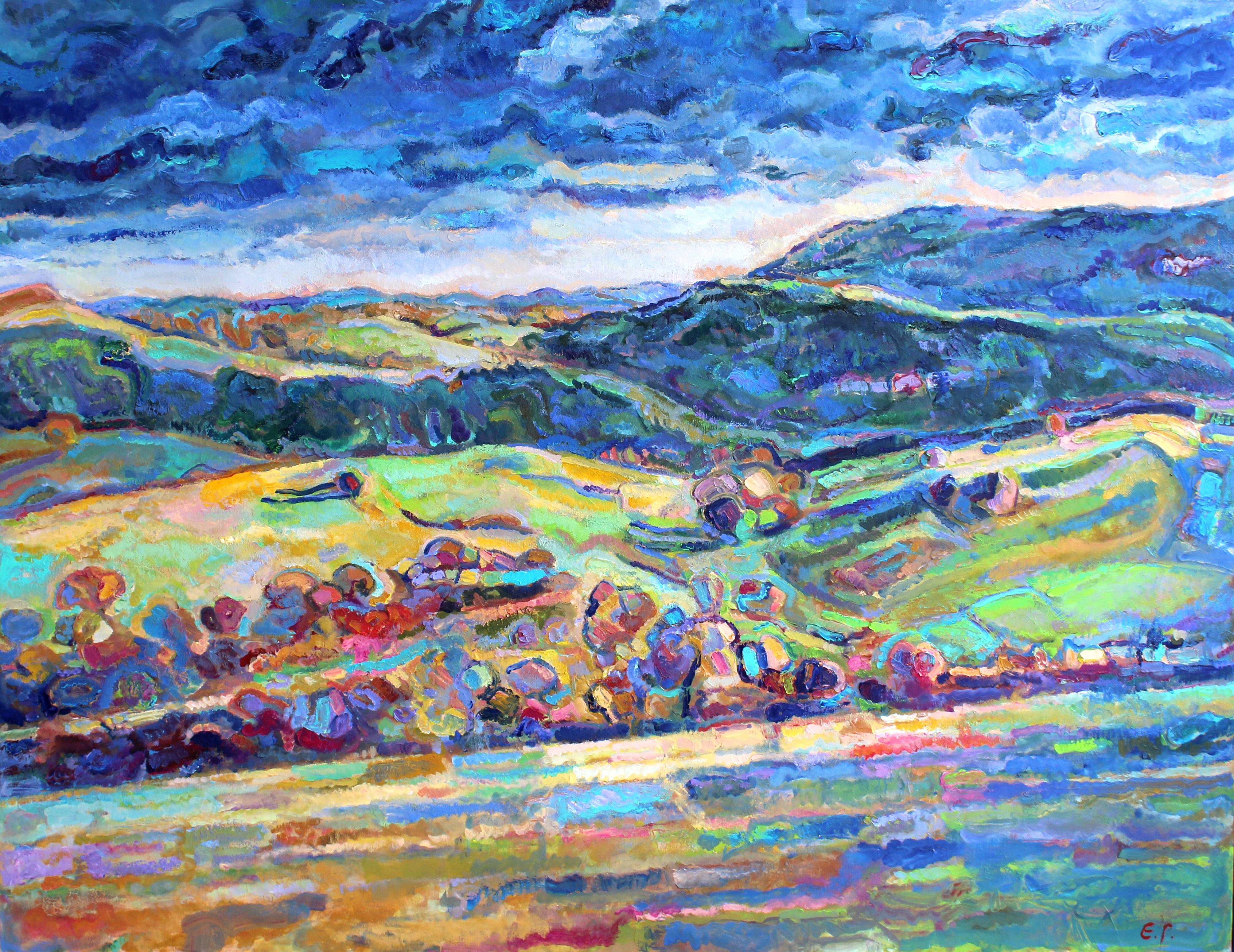 Elena Georgieva Landscape Painting - Rodhopes I - Oil Painting Colors Pink Blue White Purple Green Brown Grey