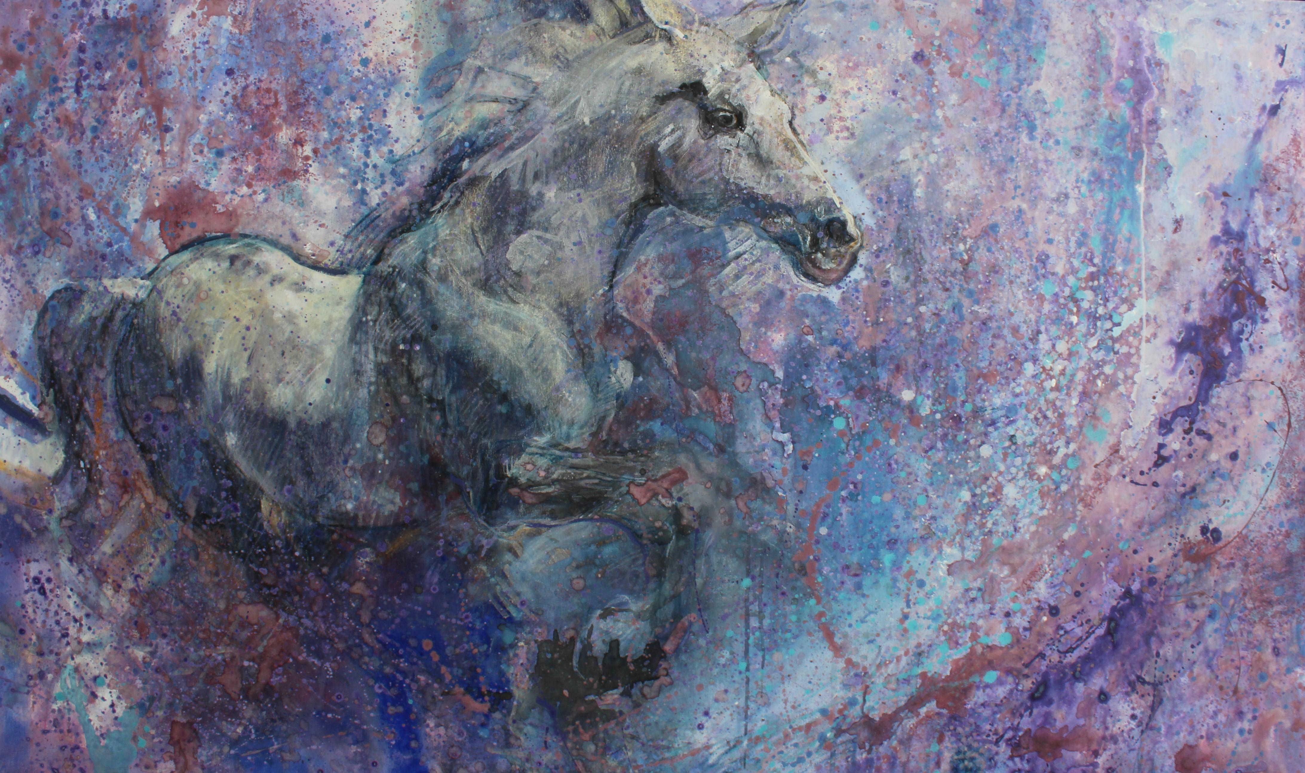 The White Horse - Ölgemälde in den Farben Blau Weiß Lila Braun Grau