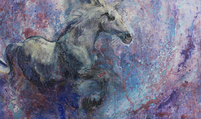 Elena Georgieva Animal Painting - The White Horse - Oil Painting Colors Blue White Purple Brown Grey