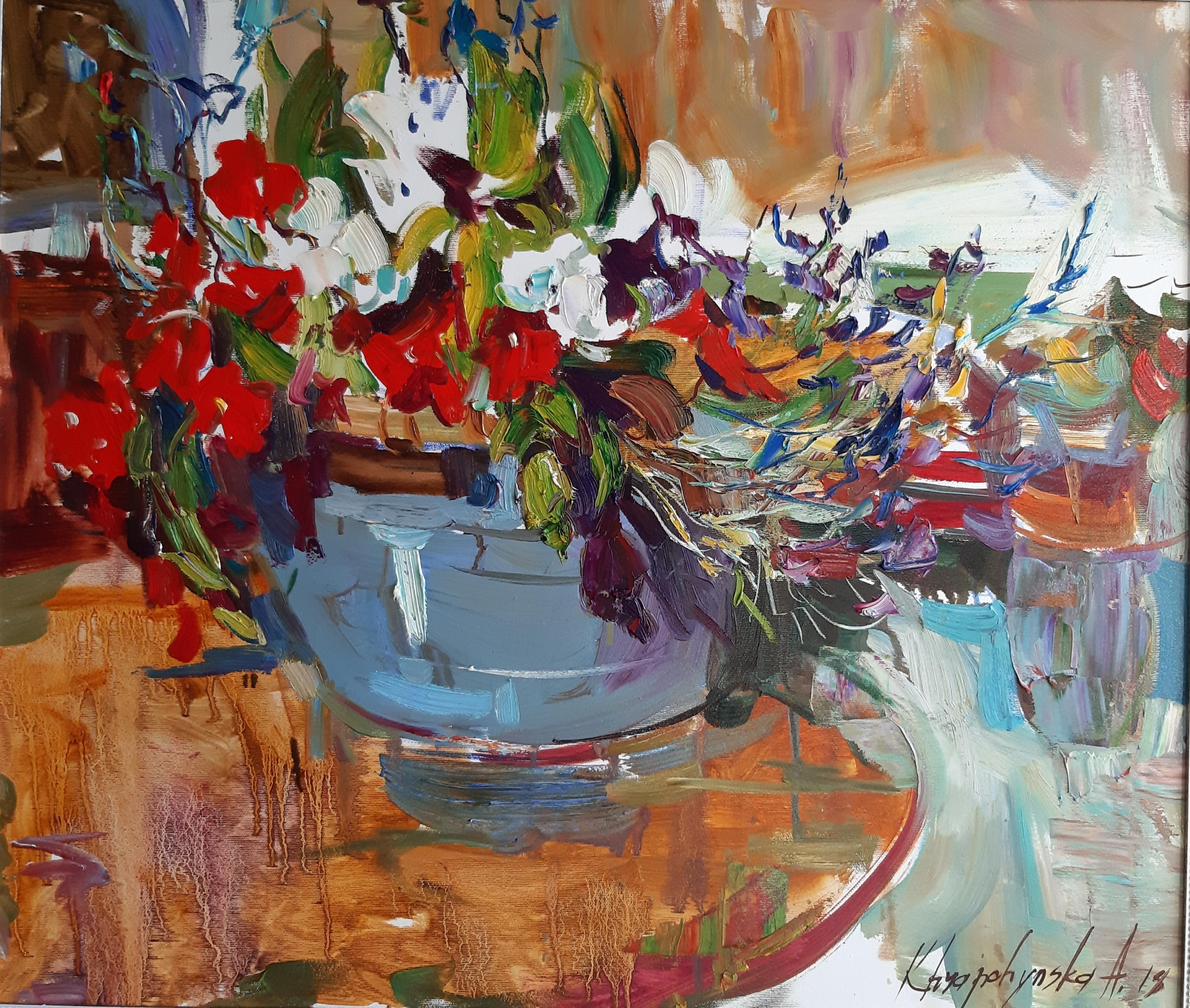 Alina Khrapchynska Still-Life Painting - Flowers - Still Life Oil Painting Colors Red Green Brown White Blue Orange Grey
