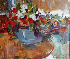 Flowers - Still Life Oil Painting Colors Red Green Brown White Blue Orange Grey