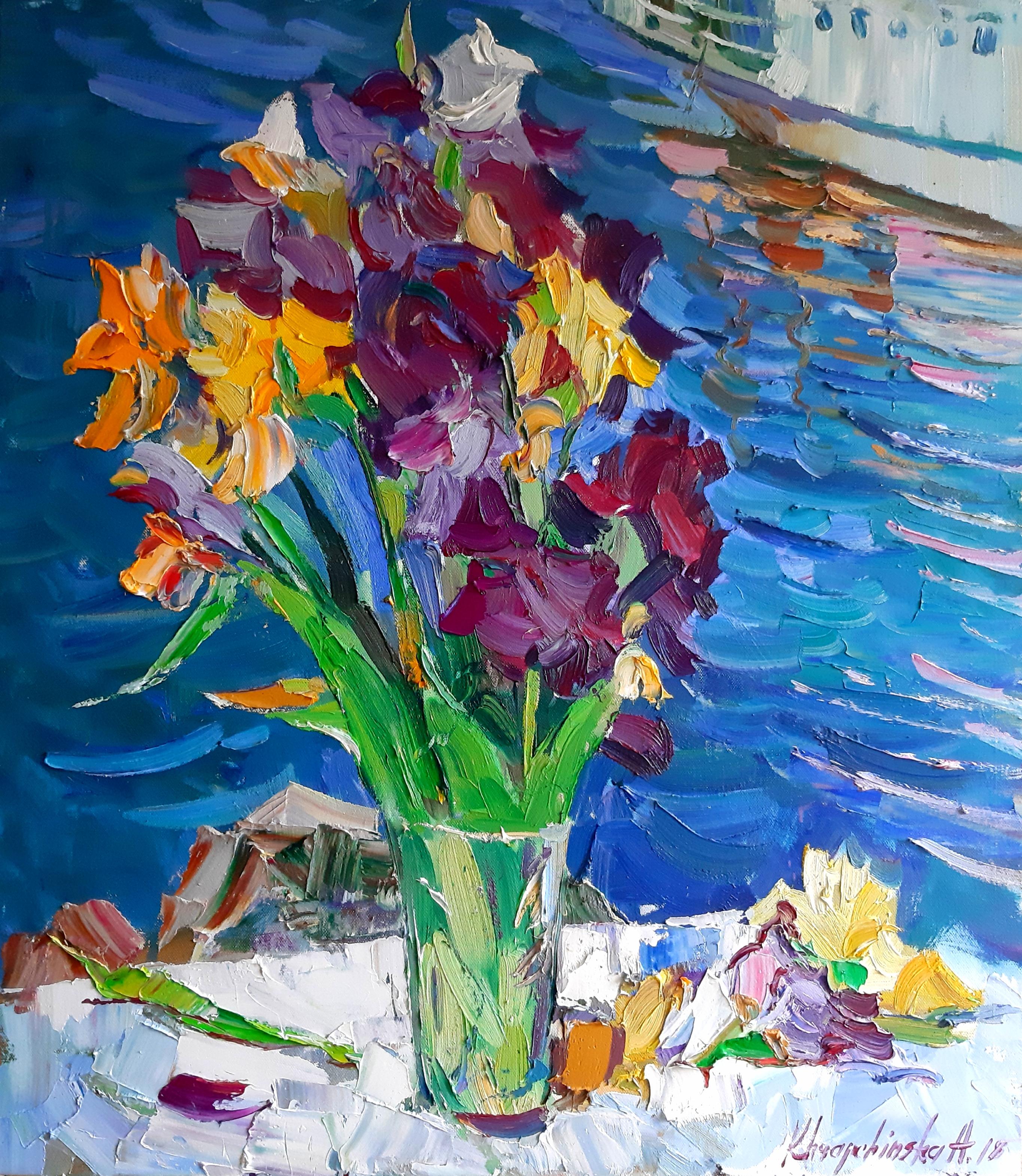 Alina Khrapchynska Landscape Painting - Nikolaevsky Yachting Club Flowers -Landscape Still Life Oil Painting Blue Orange